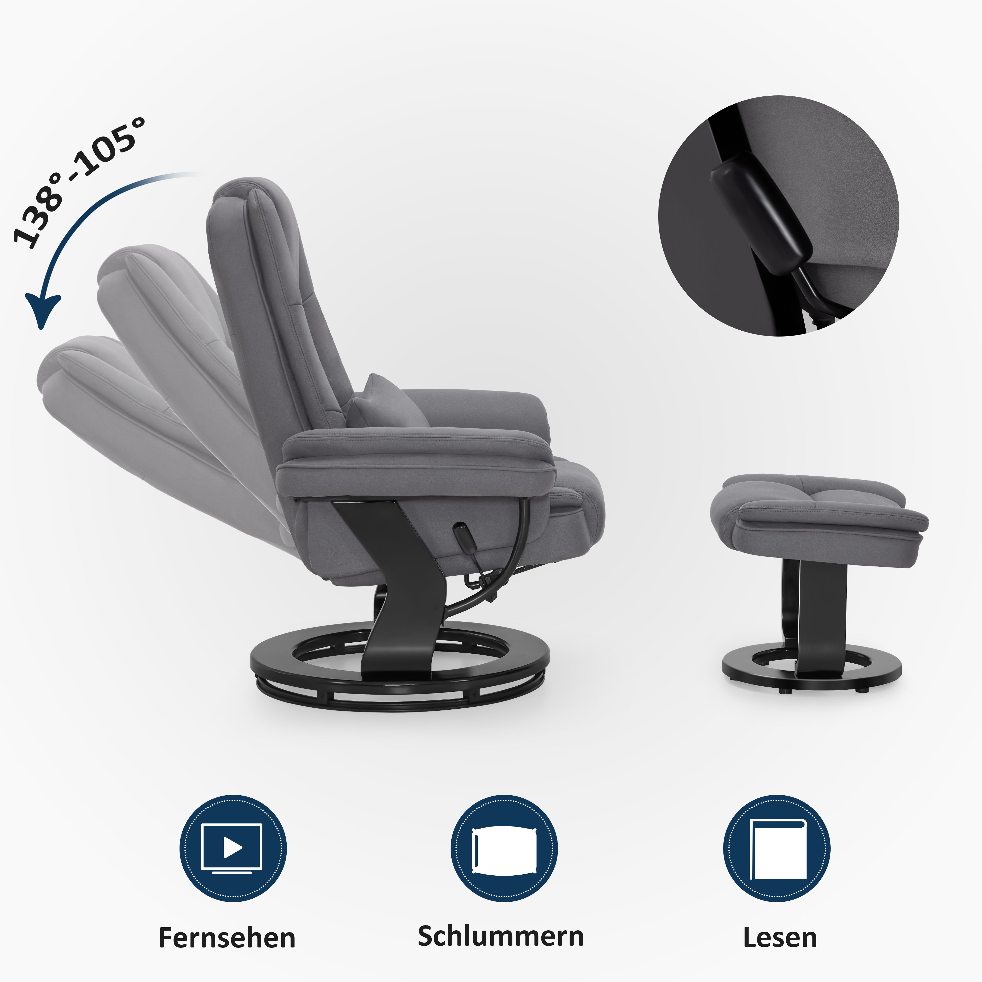 MCombo Poltrona relax reclinabile e girevole a 360° con poggiapiedi, portata fino a 120 kg, adatta al soggiorno, include cuscino e tasca laterale, comoda poltrona da lettura, 9099