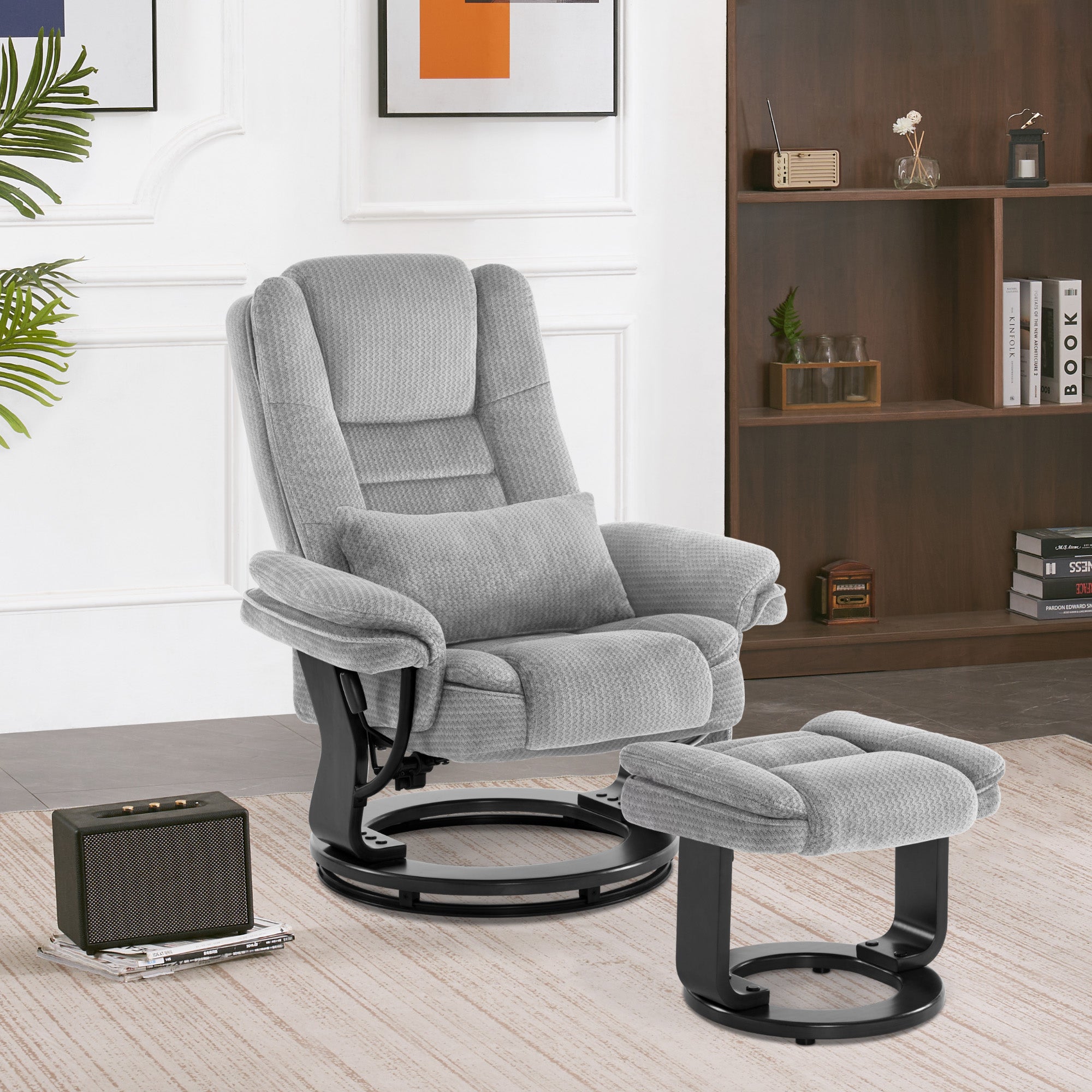 MCombo Poltrona relax reclinabile e girevole a 360° con poggiapiedi, portata fino a 120 kg, adatta al soggiorno, include cuscino e tasca laterale, comoda poltrona da lettura, 9099