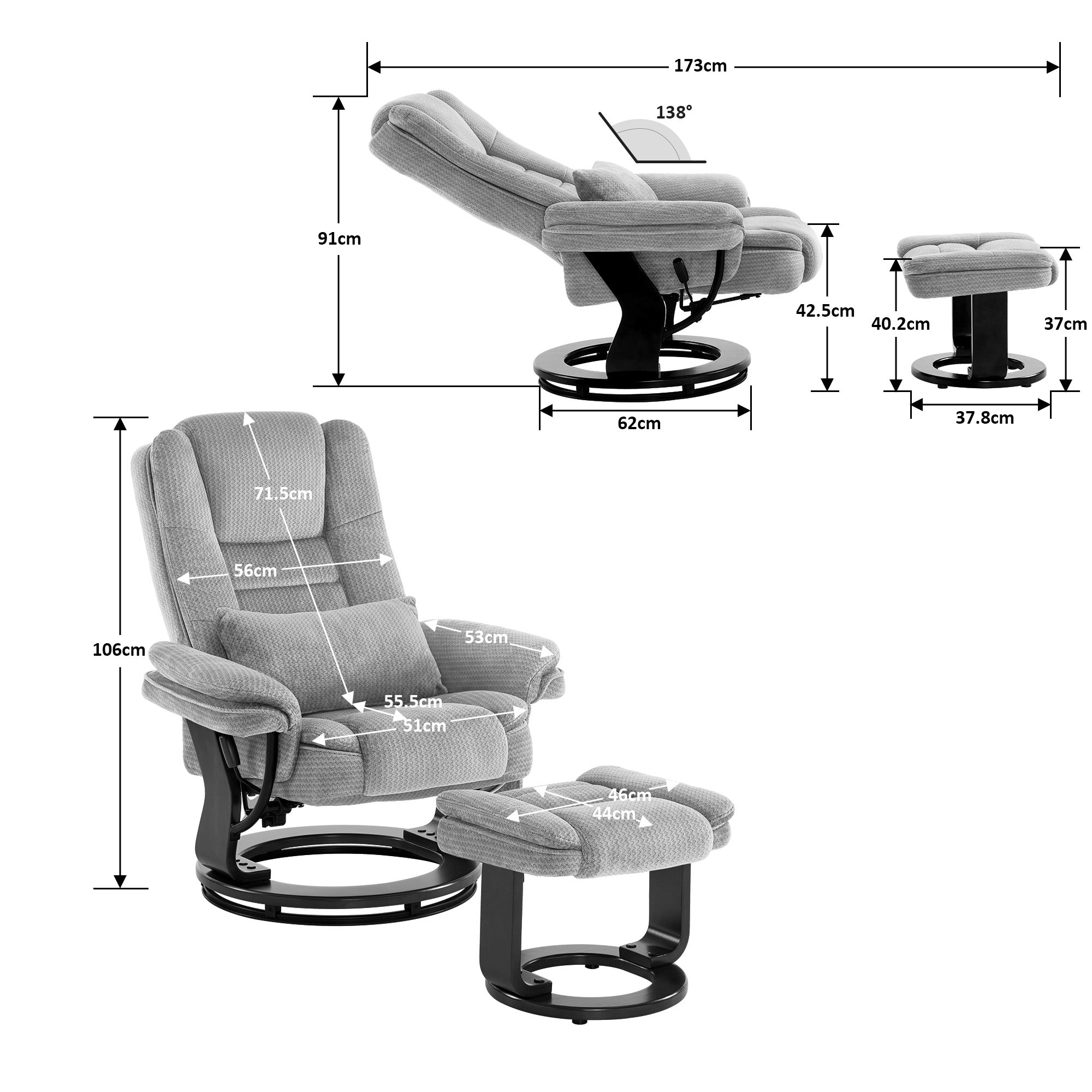 MCombo Poltrona relax reclinabile e girevole a 360° con poggiapiedi, portata fino a 120 kg, adatta al soggiorno, include cuscino e tasca laterale, comoda poltrona da lettura, 9099