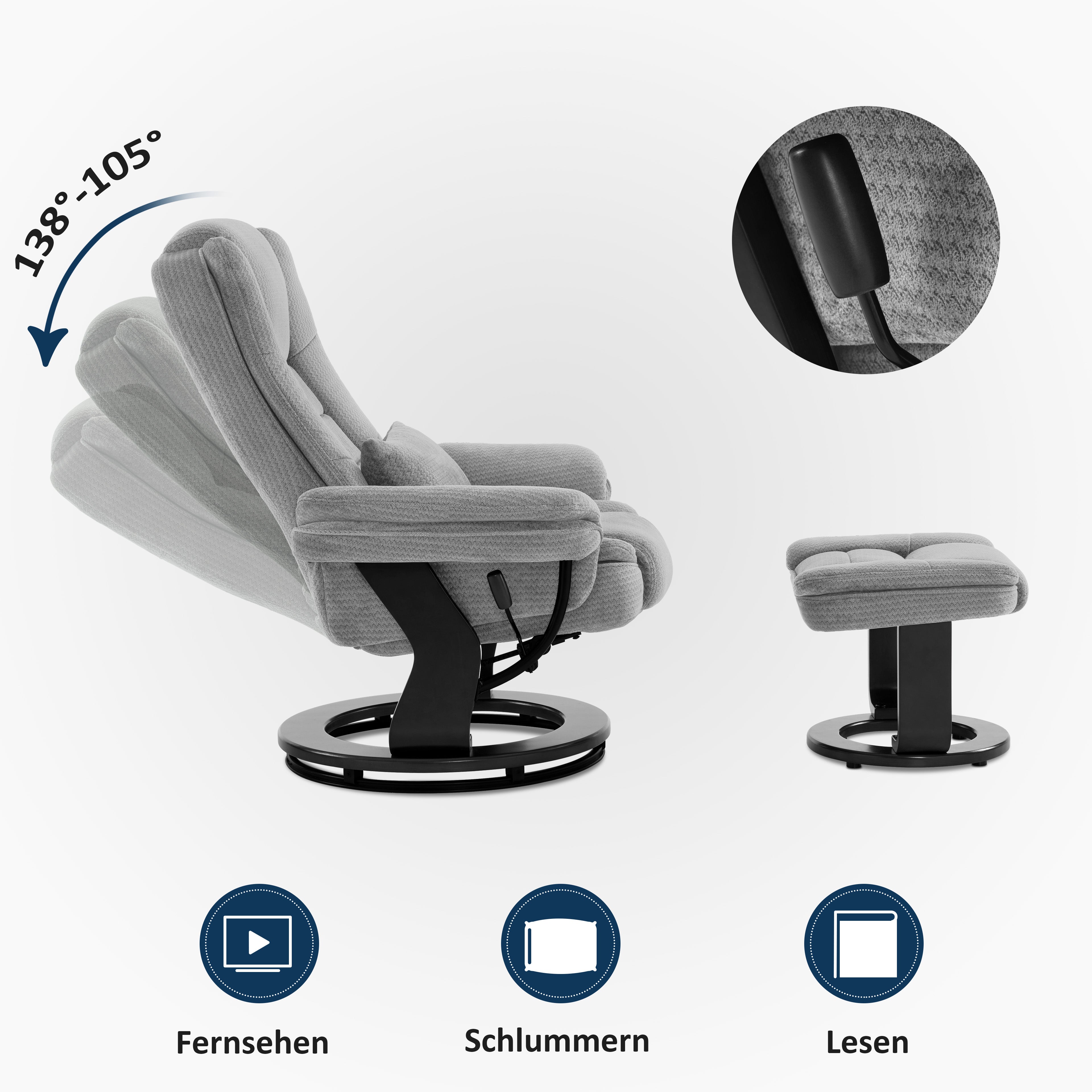 MCombo Poltrona relax reclinabile e girevole a 360° con poggiapiedi, portata fino a 120 kg, adatta al soggiorno, include cuscino e tasca laterale, comoda poltrona da lettura, 9099