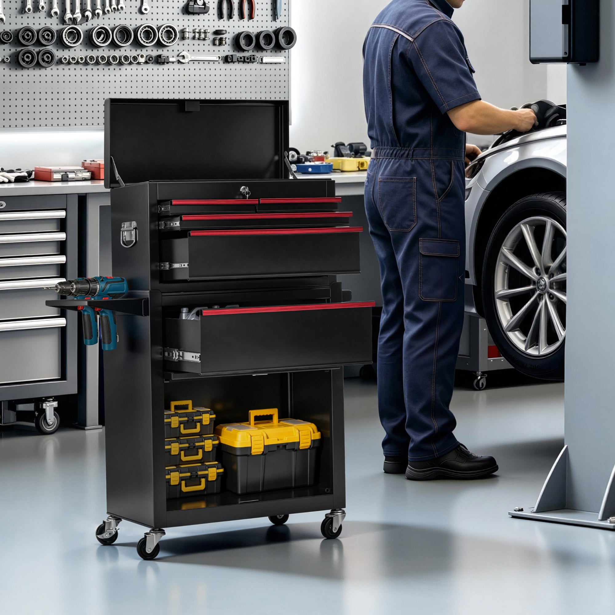 M MCombo Carrello da officina 2 in 1 con valigetta a 6 scomparti, 1 armadietto e 6 ganci – Carrello portautensili vuoto (utensili non inclusi) – Carrello metallico su ruote con serratura per officine – 33 x 81 x 108 cm, 0097