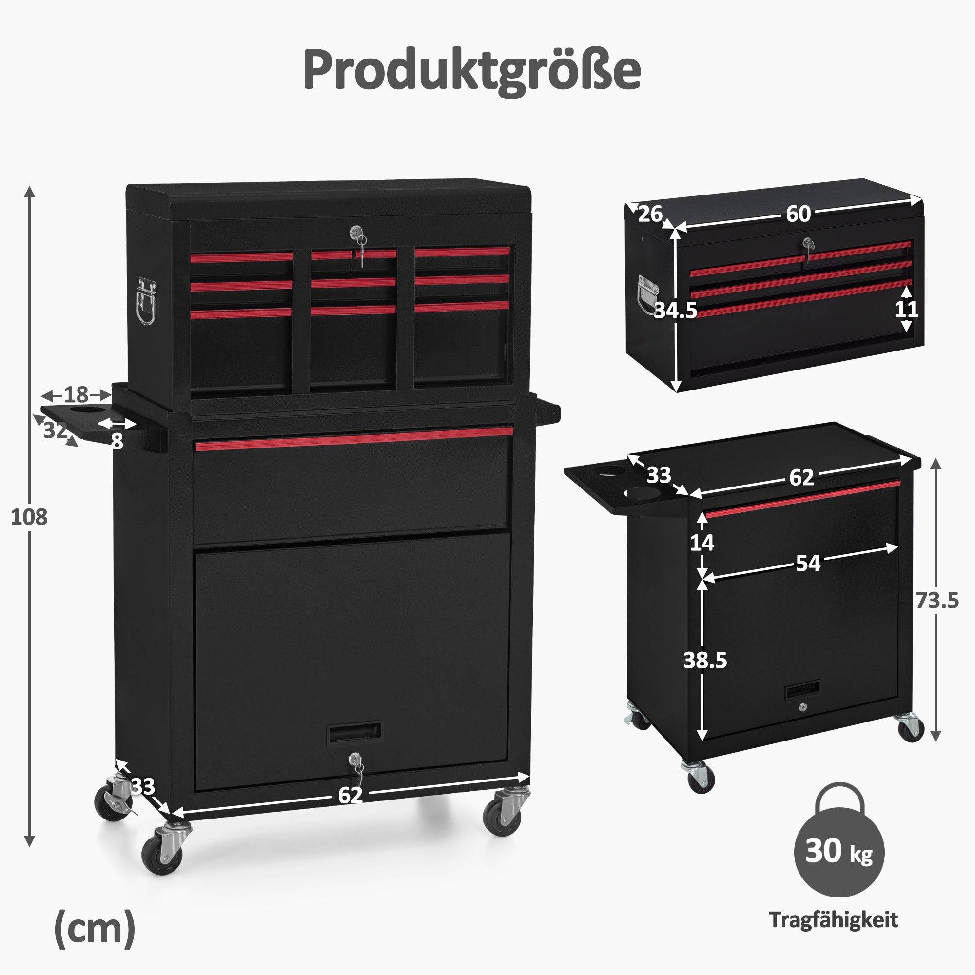 M MCombo Carrello da officina 2 in 1 con valigetta a 6 scomparti, 1 armadietto e 6 ganci – Carrello portautensili vuoto (utensili non inclusi) – Carrello metallico su ruote con serratura per officine – 33 x 81 x 108 cm, 0097