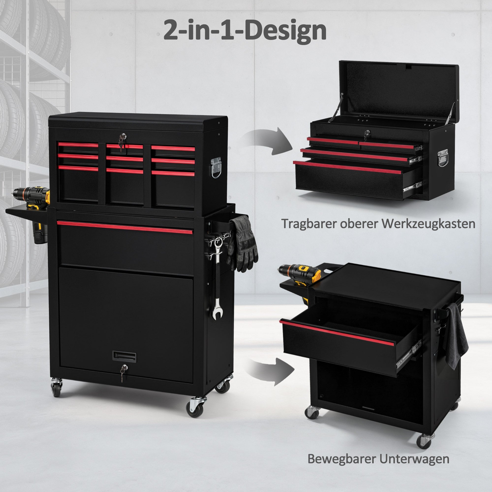 M MCombo Carrello da officina 2 in 1 con valigetta a 6 scomparti, 1 armadietto e 6 ganci – Carrello portautensili vuoto (utensili non inclusi) – Carrello metallico su ruote con serratura per officine – 33 x 81 x 108 cm, 0097