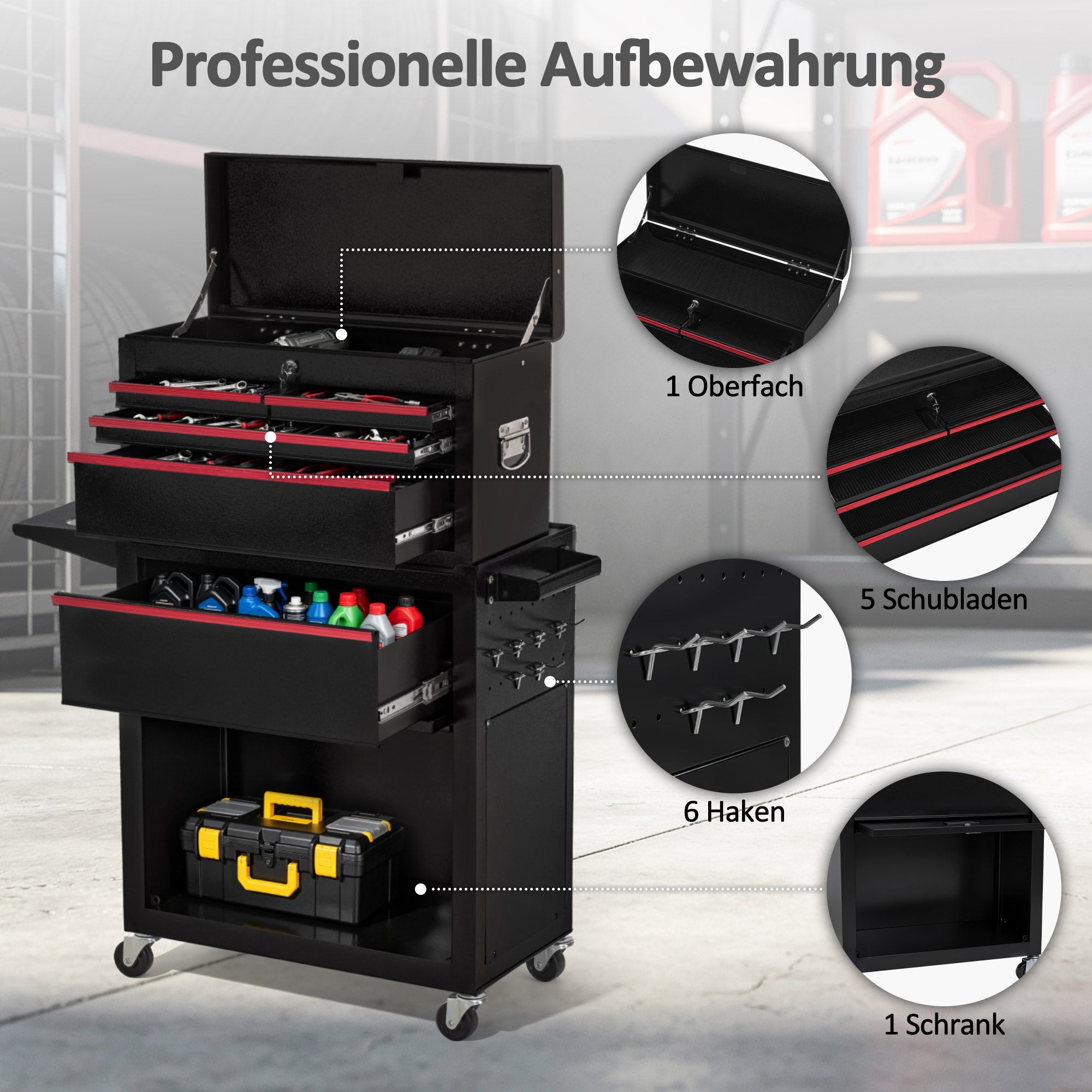 M MCombo Carrello da officina 2 in 1 con valigetta a 6 scomparti, 1 armadietto e 6 ganci – Carrello portautensili vuoto (utensili non inclusi) – Carrello metallico su ruote con serratura per officine – 33 x 81 x 108 cm, 0097