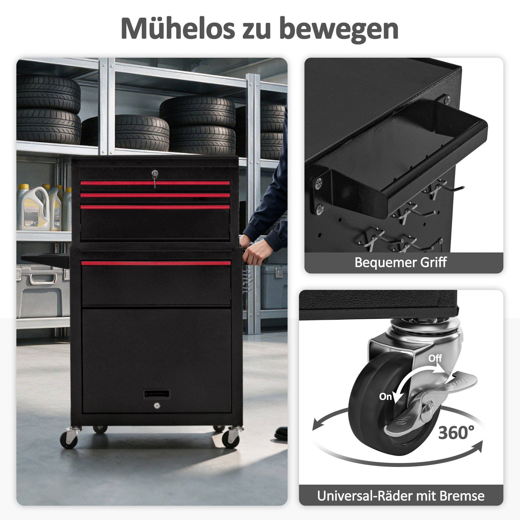 M MCombo Carrello da officina 2 in 1 con valigetta a 6 scomparti, 1 armadietto e 6 ganci – Carrello portautensili vuoto (utensili non inclusi) – Carrello metallico su ruote con serratura per officine – 33 x 81 x 108 cm, 0097