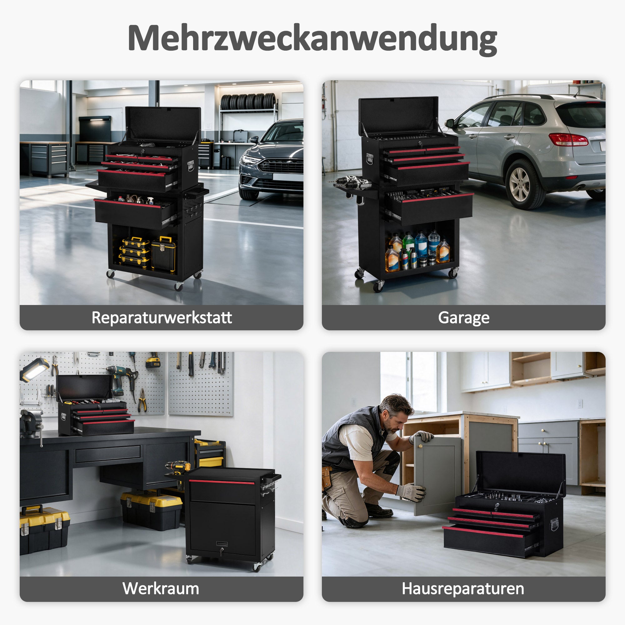 M MCombo Carrello da officina 2 in 1 con valigetta a 6 scomparti, 1 armadietto e 6 ganci – Carrello portautensili vuoto (utensili non inclusi) – Carrello metallico su ruote con serratura per officine – 33 x 81 x 108 cm, 0097