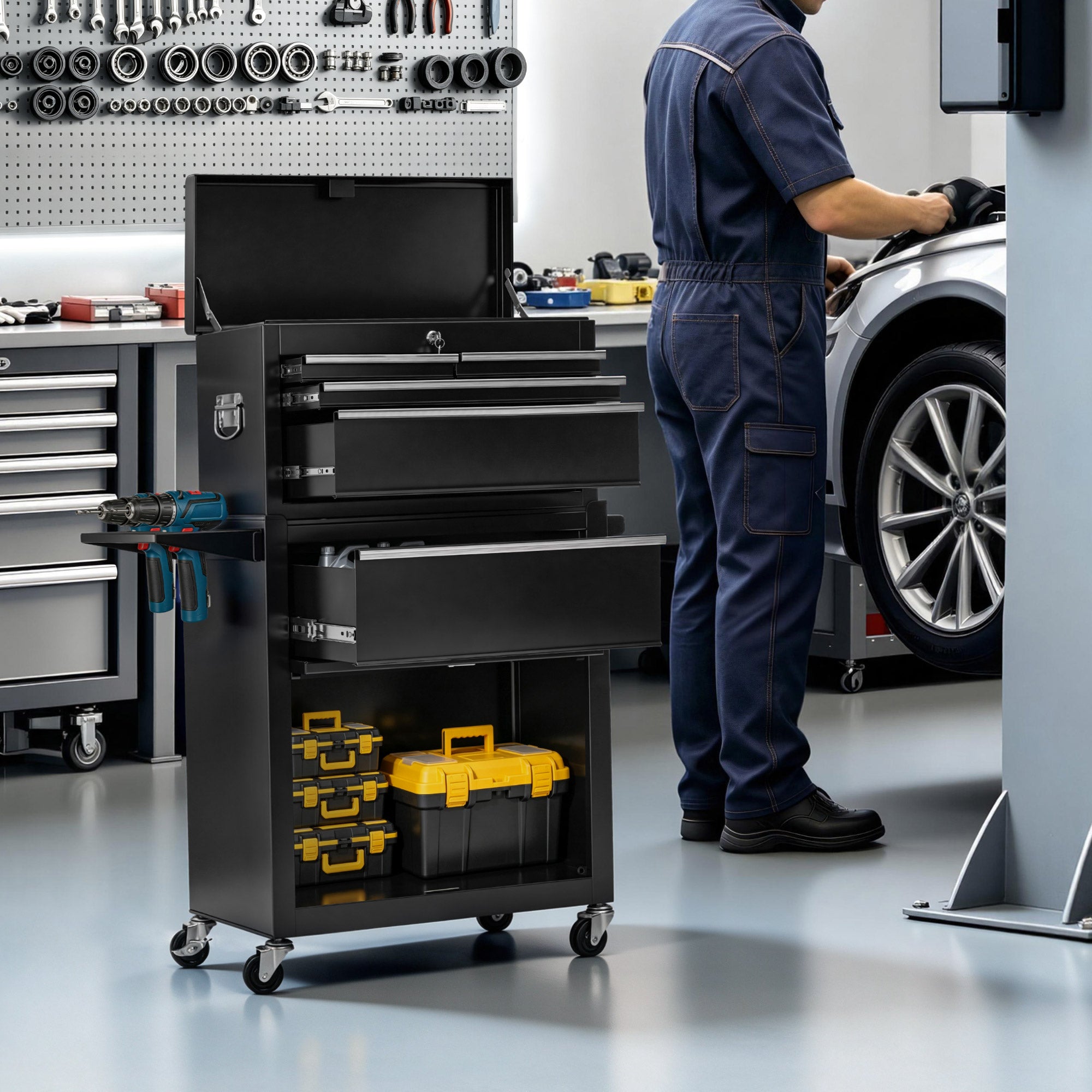 M MCombo Carrello da officina 2 in 1 con valigetta a 6 scomparti, 1 armadietto e 6 ganci – Carrello portautensili vuoto (utensili non inclusi) – Carrello metallico su ruote con serratura per officine – 33 x 81 x 108 cm, 0097