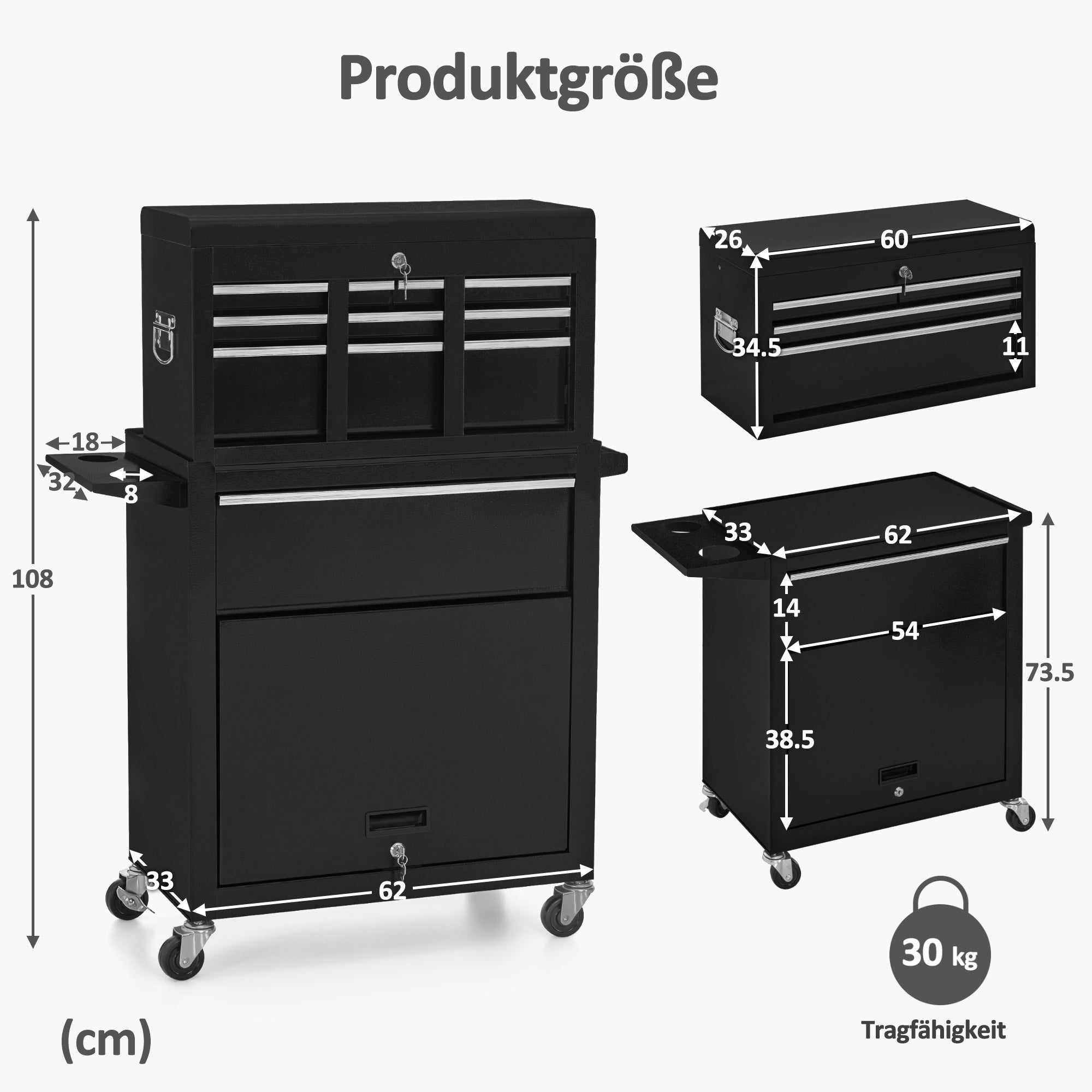 M MCombo Carrello da officina 2 in 1 con valigetta a 6 scomparti, 1 armadietto e 6 ganci – Carrello portautensili vuoto (utensili non inclusi) – Carrello metallico su ruote con serratura per officine – 33 x 81 x 108 cm, 0097