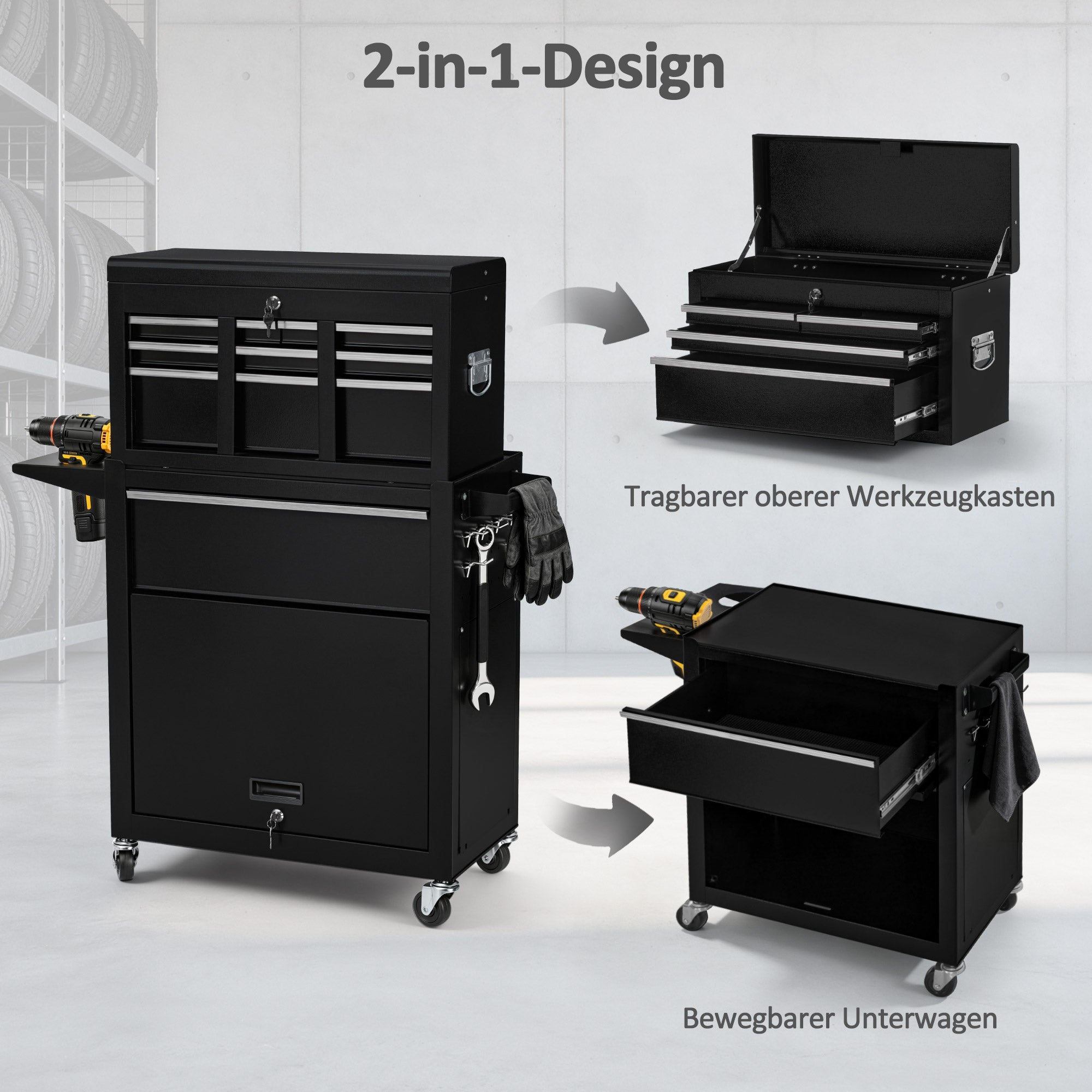 M MCombo Carrello da officina 2 in 1 con valigetta a 6 scomparti, 1 armadietto e 6 ganci – Carrello portautensili vuoto (utensili non inclusi) – Carrello metallico su ruote con serratura per officine – 33 x 81 x 108 cm, 0097