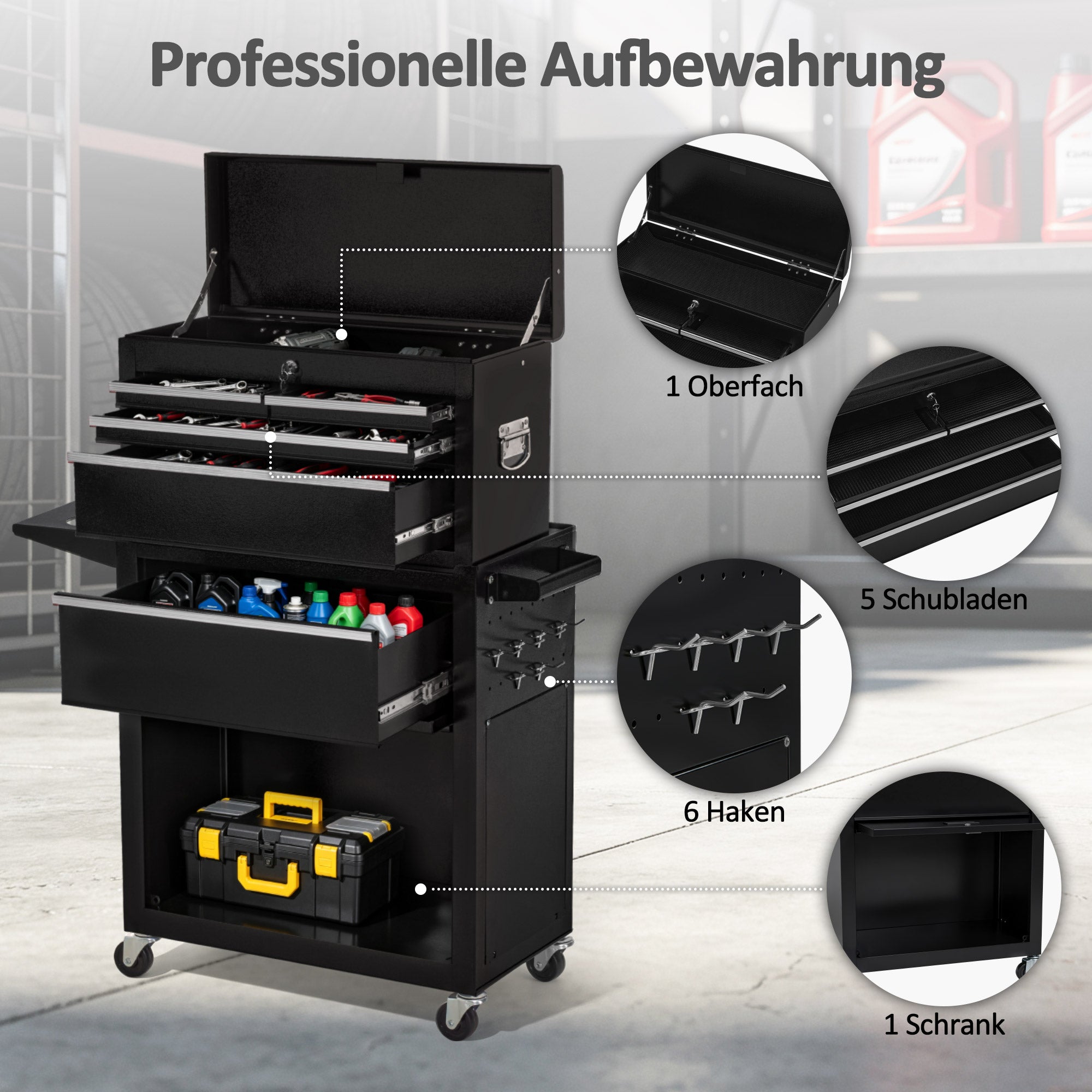M MCombo Carrello da officina 2 in 1 con valigetta a 6 scomparti, 1 armadietto e 6 ganci – Carrello portautensili vuoto (utensili non inclusi) – Carrello metallico su ruote con serratura per officine – 33 x 81 x 108 cm, 0097