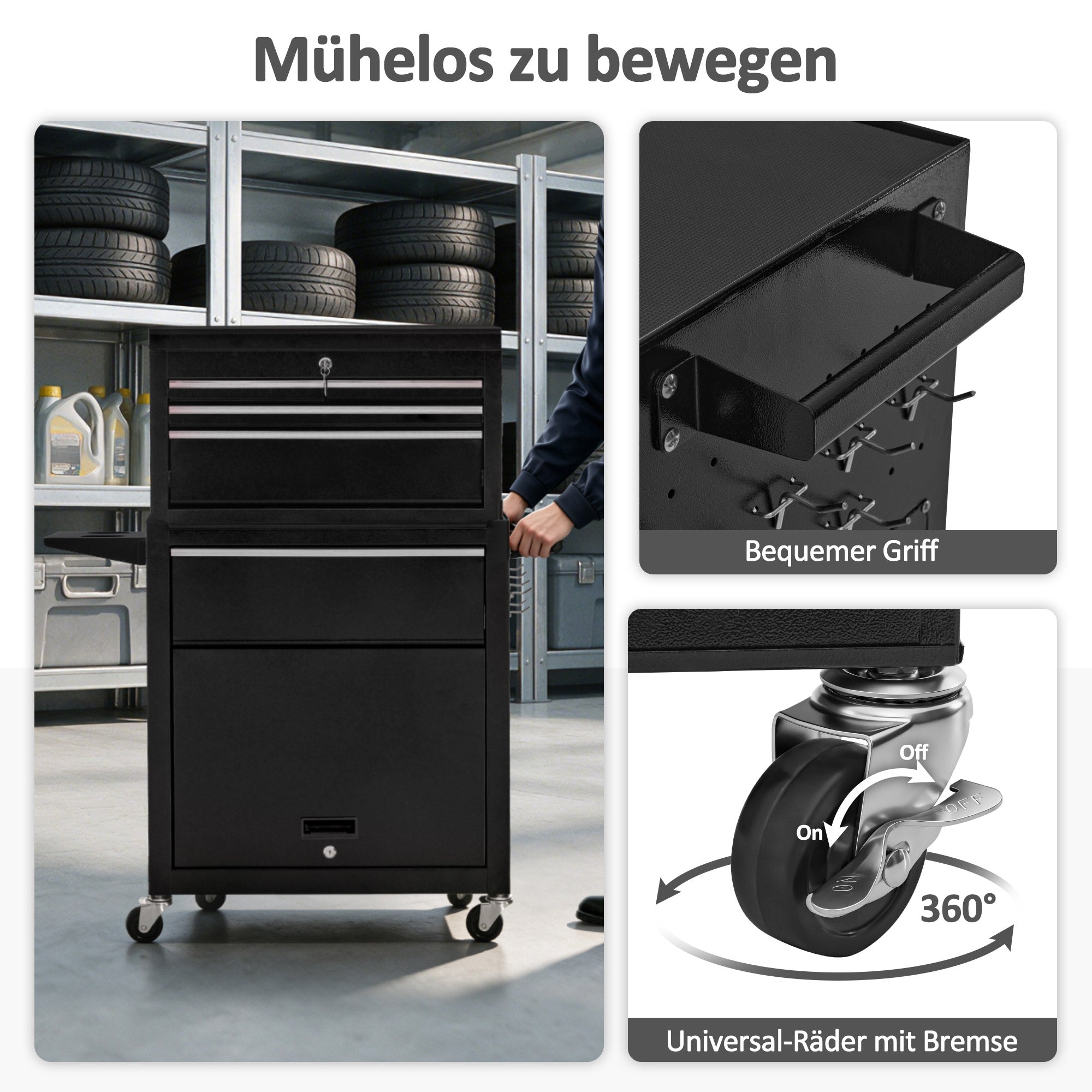M MCombo Carrello da officina 2 in 1 con valigetta a 6 scomparti, 1 armadietto e 6 ganci – Carrello portautensili vuoto (utensili non inclusi) – Carrello metallico su ruote con serratura per officine – 33 x 81 x 108 cm, 0097