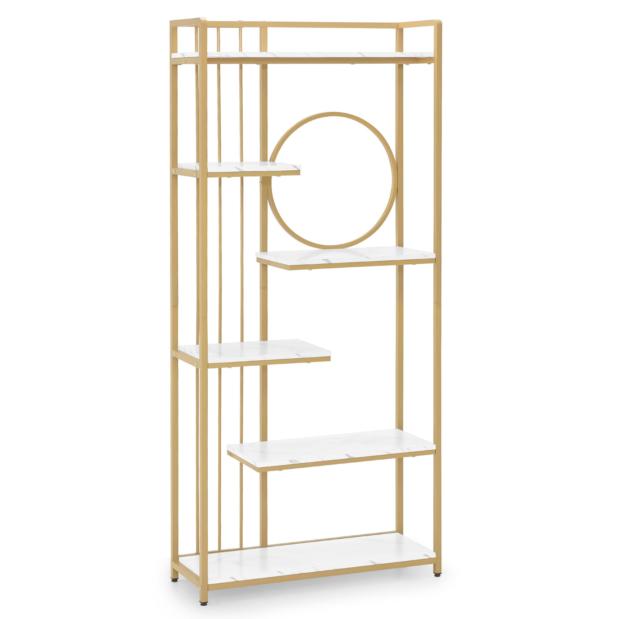 MCombo Libreria, scaffale autoportante a 6 ripiani con struttura in metallo; ideale per ufficio, soggiorno, camera da letto, cucina o centro estetico; finitura bianco effetto marmo e oro, 30x80x180 cm, 5180