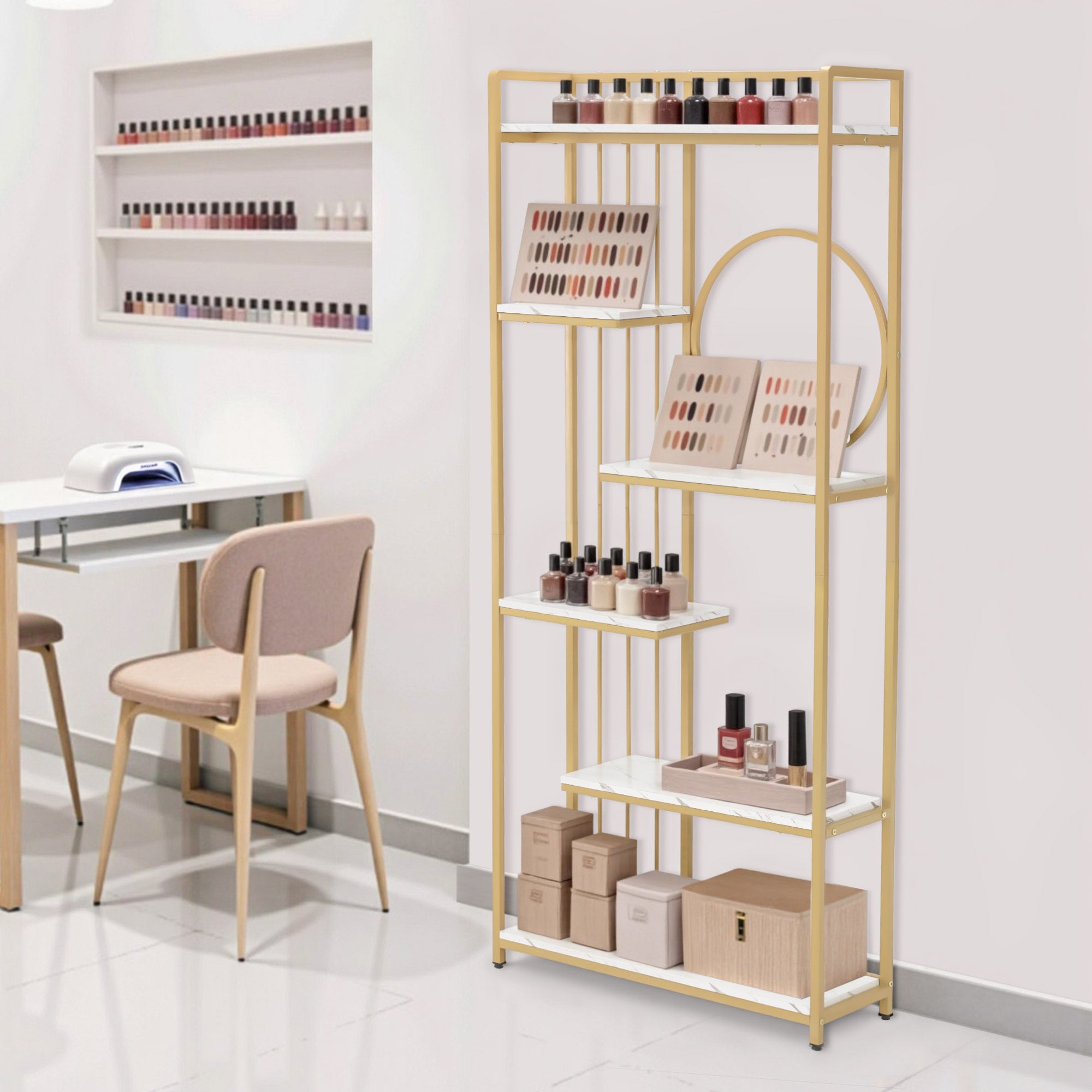 MCombo Libreria, scaffale autoportante a 6 ripiani con struttura in metallo; ideale per ufficio, soggiorno, camera da letto, cucina o centro estetico; finitura bianco effetto marmo e oro, 30x80x180 cm, 5180