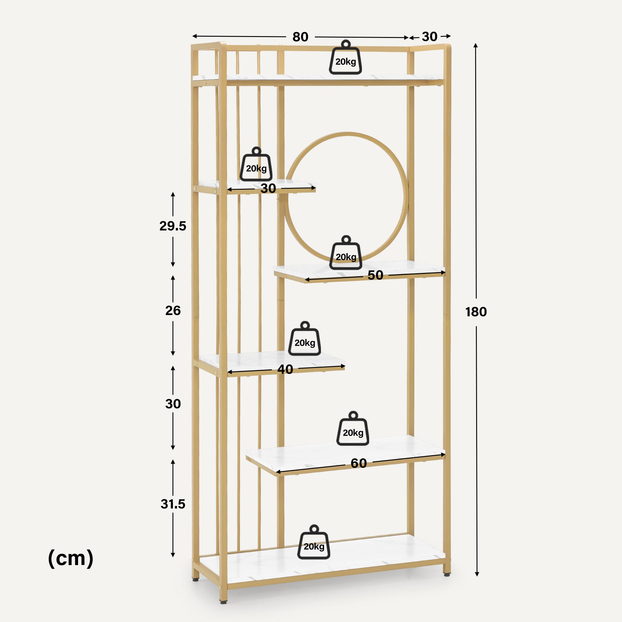 MCombo Libreria, scaffale autoportante a 6 ripiani con struttura in metallo; ideale per ufficio, soggiorno, camera da letto, cucina o centro estetico; finitura bianco effetto marmo e oro, 30x80x180 cm, 5180