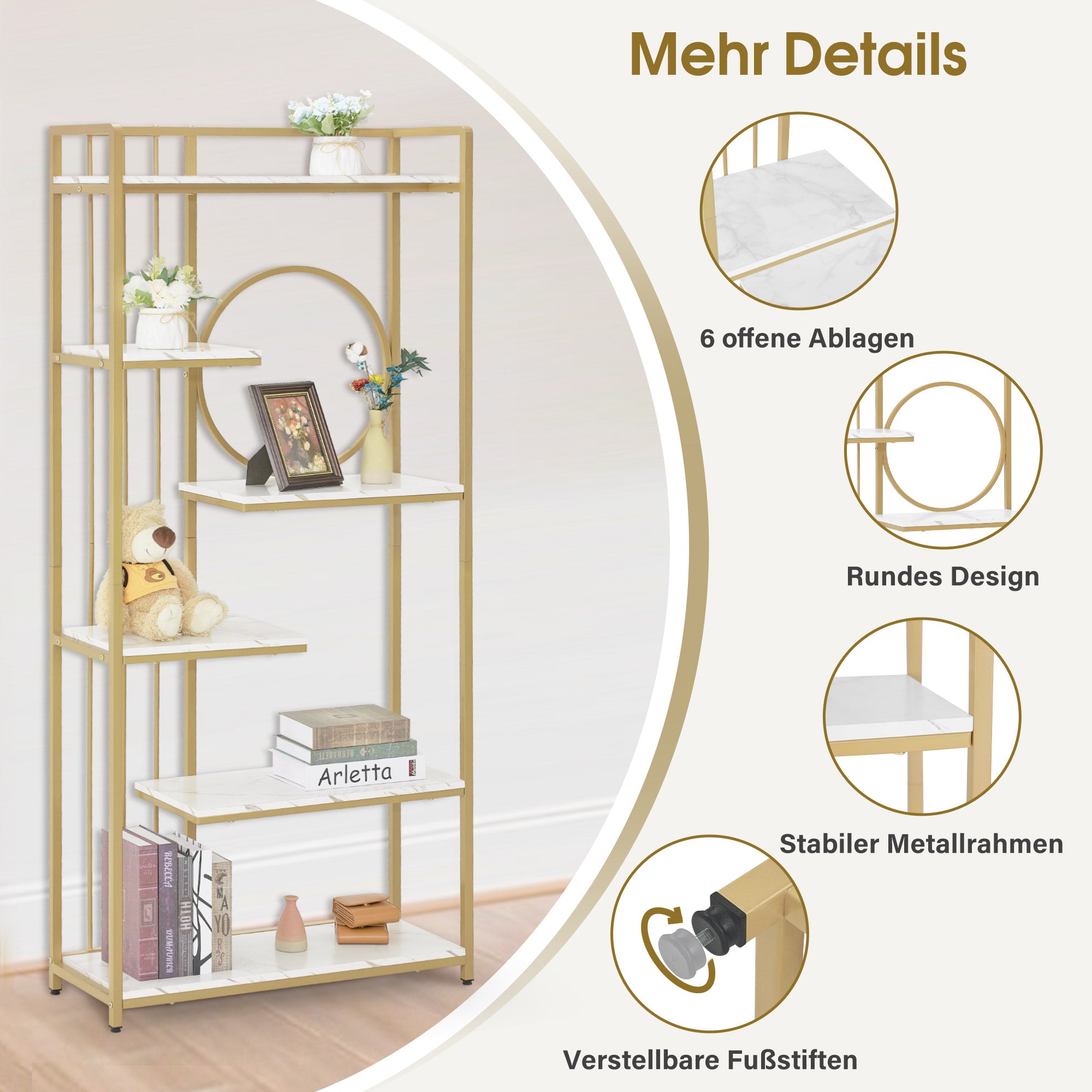 MCombo Libreria, scaffale autoportante a 6 ripiani con struttura in metallo; ideale per ufficio, soggiorno, camera da letto, cucina o centro estetico; finitura bianco effetto marmo e oro, 30x80x180 cm, 5180