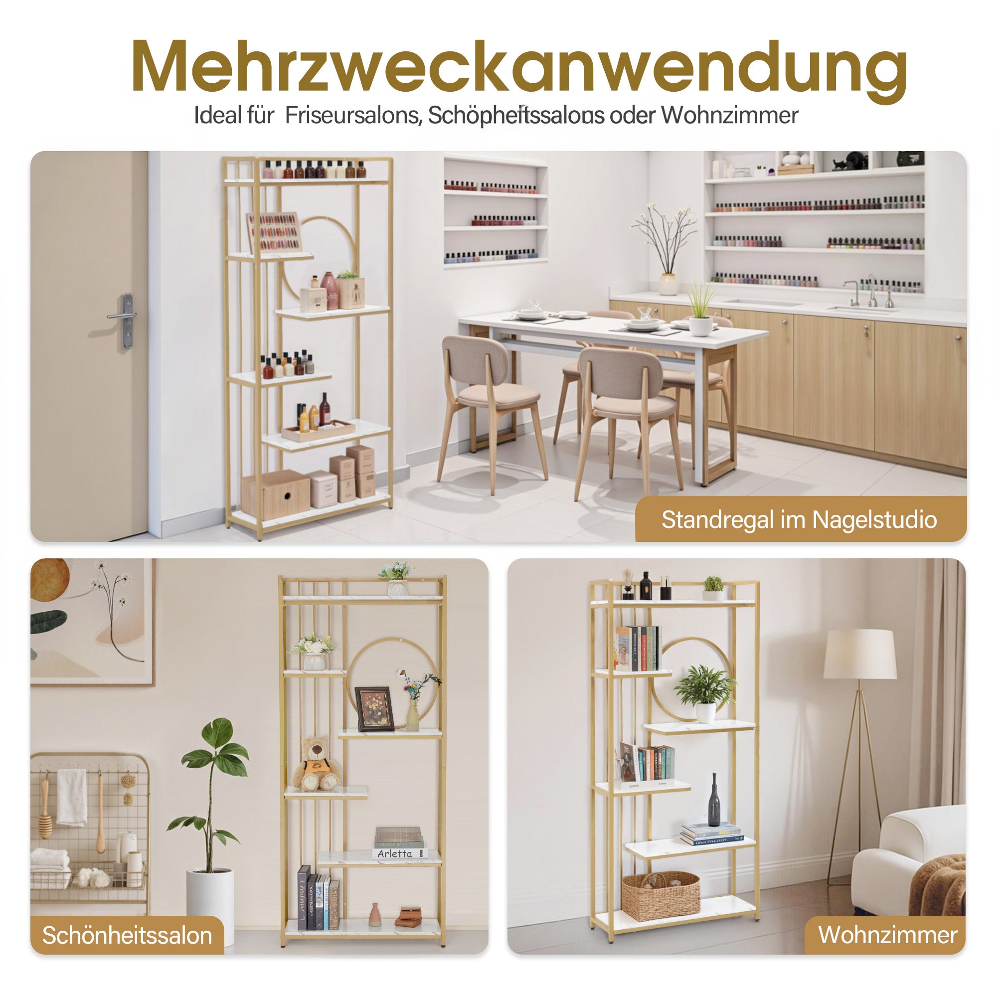 MCombo Libreria, scaffale autoportante a 6 ripiani con struttura in metallo; ideale per ufficio, soggiorno, camera da letto, cucina o centro estetico; finitura bianco effetto marmo e oro, 30x80x180 cm, 5180