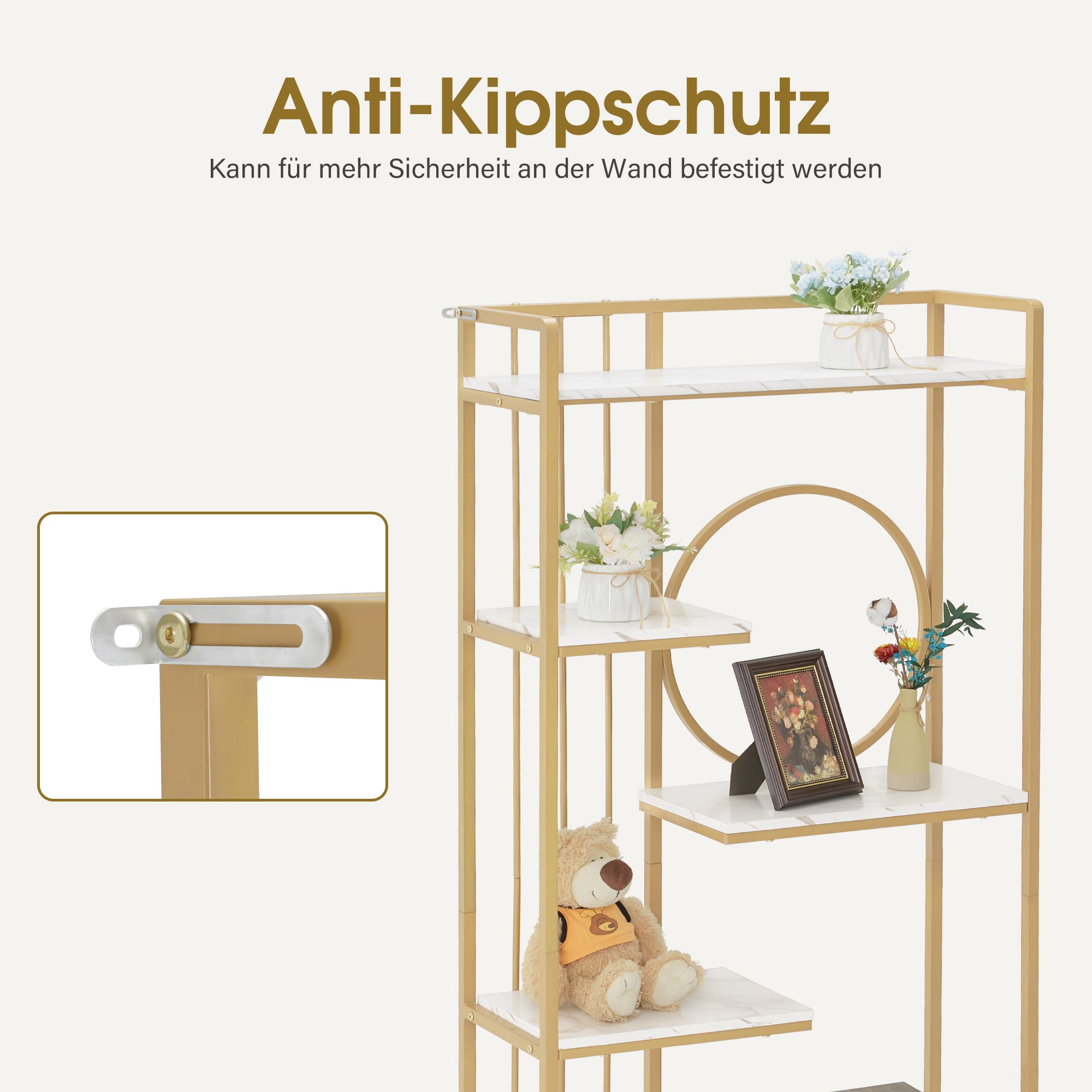 MCombo Libreria, scaffale autoportante a 6 ripiani con struttura in metallo; ideale per ufficio, soggiorno, camera da letto, cucina o centro estetico; finitura bianco effetto marmo e oro, 30x80x180 cm, 5180