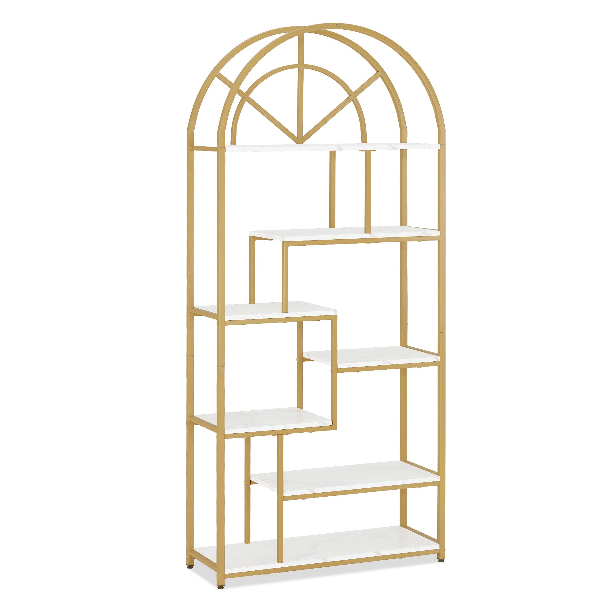 MCombo Libreria, scaffale autoportante a 7 ripiani, scaffalatura per ufficio con struttura in metallo; adatta per ufficio, soggiorno, camera da letto, cucina o centro estetico; bianco effetto marmo e oro; 30 x 80 x 180 cm, 5183