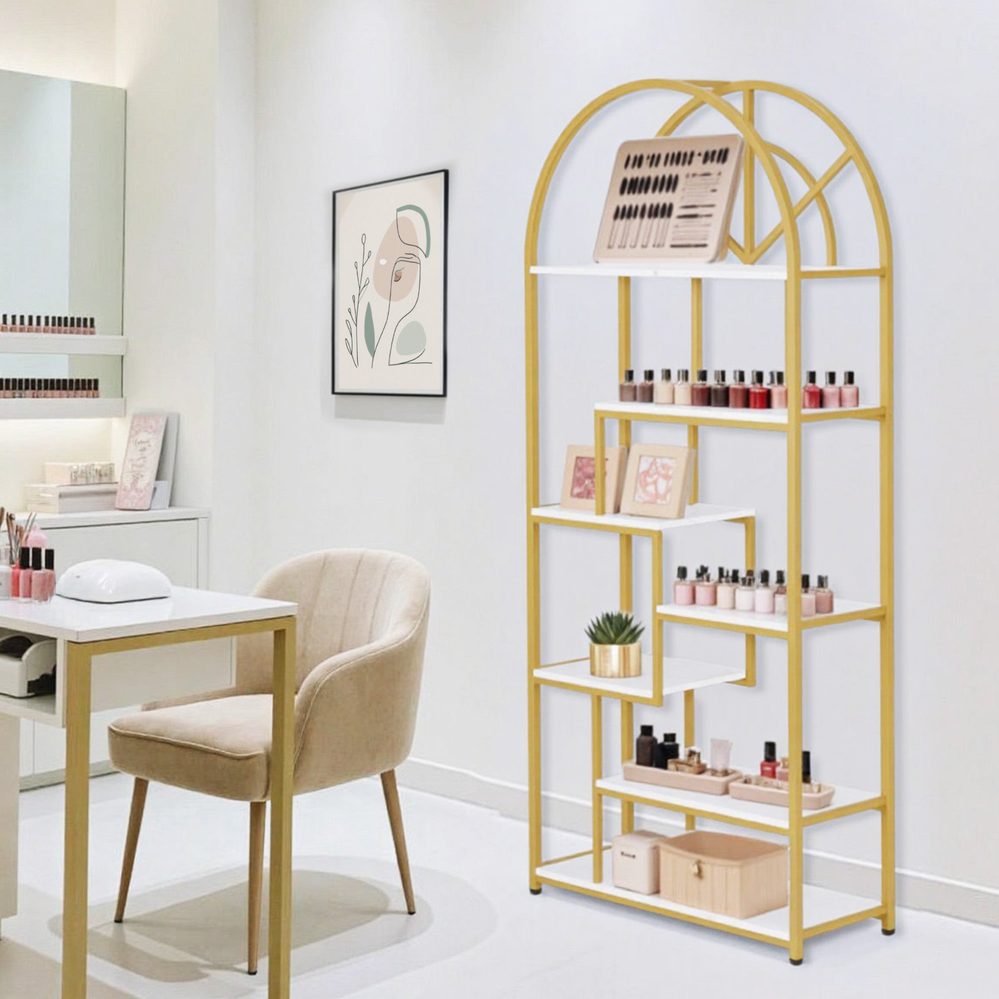 MCombo Libreria, scaffale autoportante a 7 ripiani, scaffalatura per ufficio con struttura in metallo; adatta per ufficio, soggiorno, camera da letto, cucina o centro estetico; bianco effetto marmo e oro; 30 x 80 x 180 cm, 5183