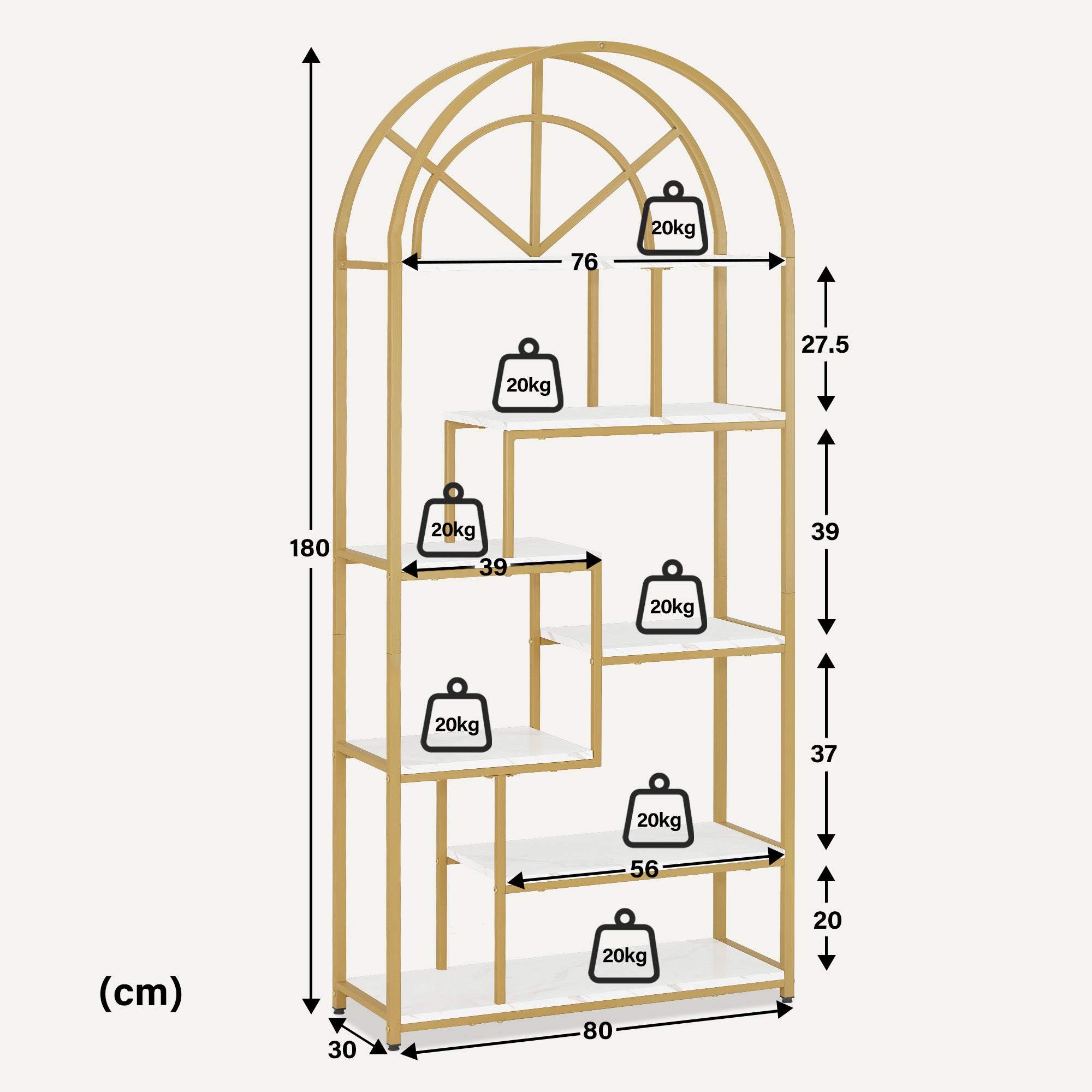 MCombo Libreria, scaffale autoportante a 7 ripiani, scaffalatura per ufficio con struttura in metallo; adatta per ufficio, soggiorno, camera da letto, cucina o centro estetico; bianco effetto marmo e oro; 30 x 80 x 180 cm, 5183