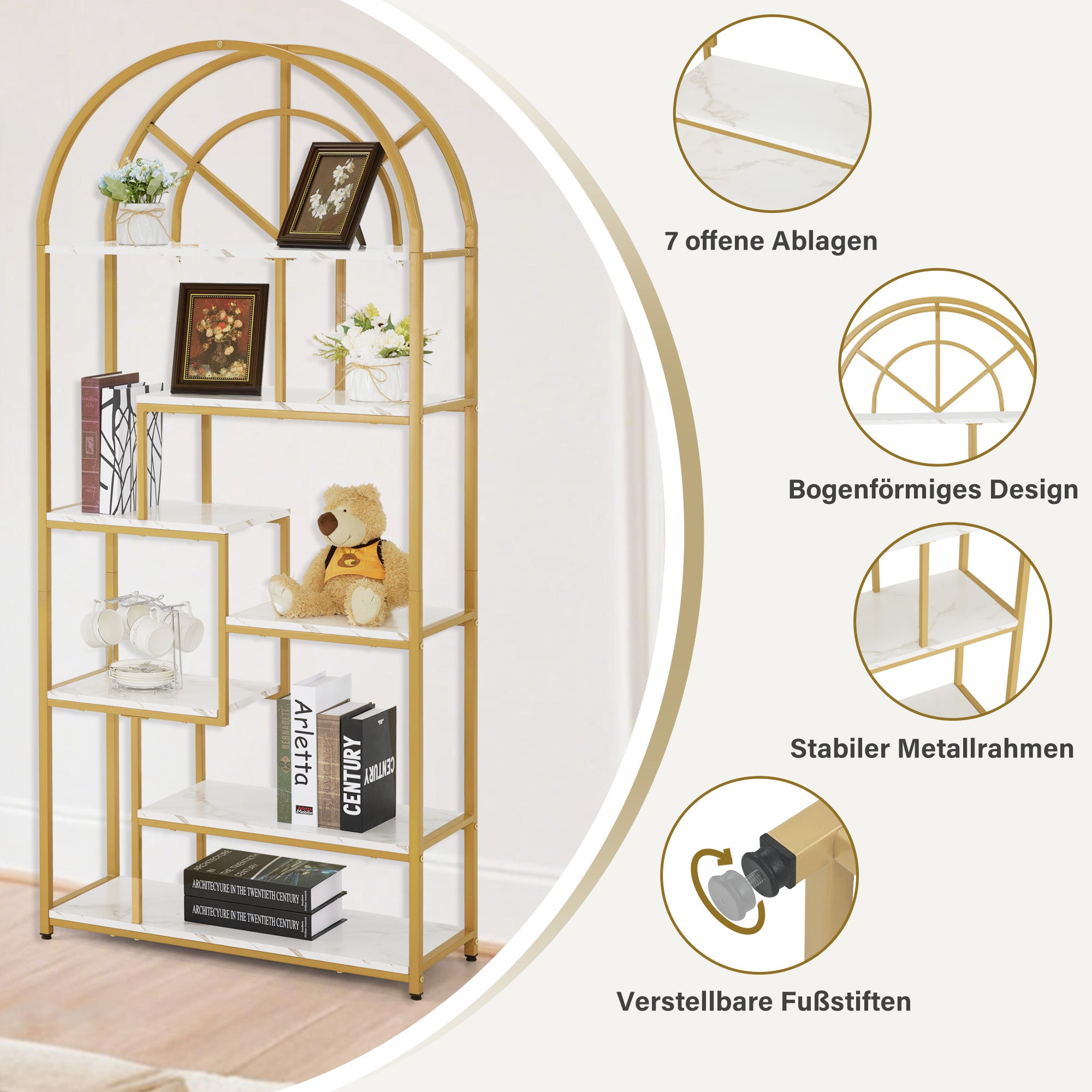 MCombo Libreria, scaffale autoportante a 7 ripiani, scaffalatura per ufficio con struttura in metallo; adatta per ufficio, soggiorno, camera da letto, cucina o centro estetico; bianco effetto marmo e oro; 30 x 80 x 180 cm, 5183