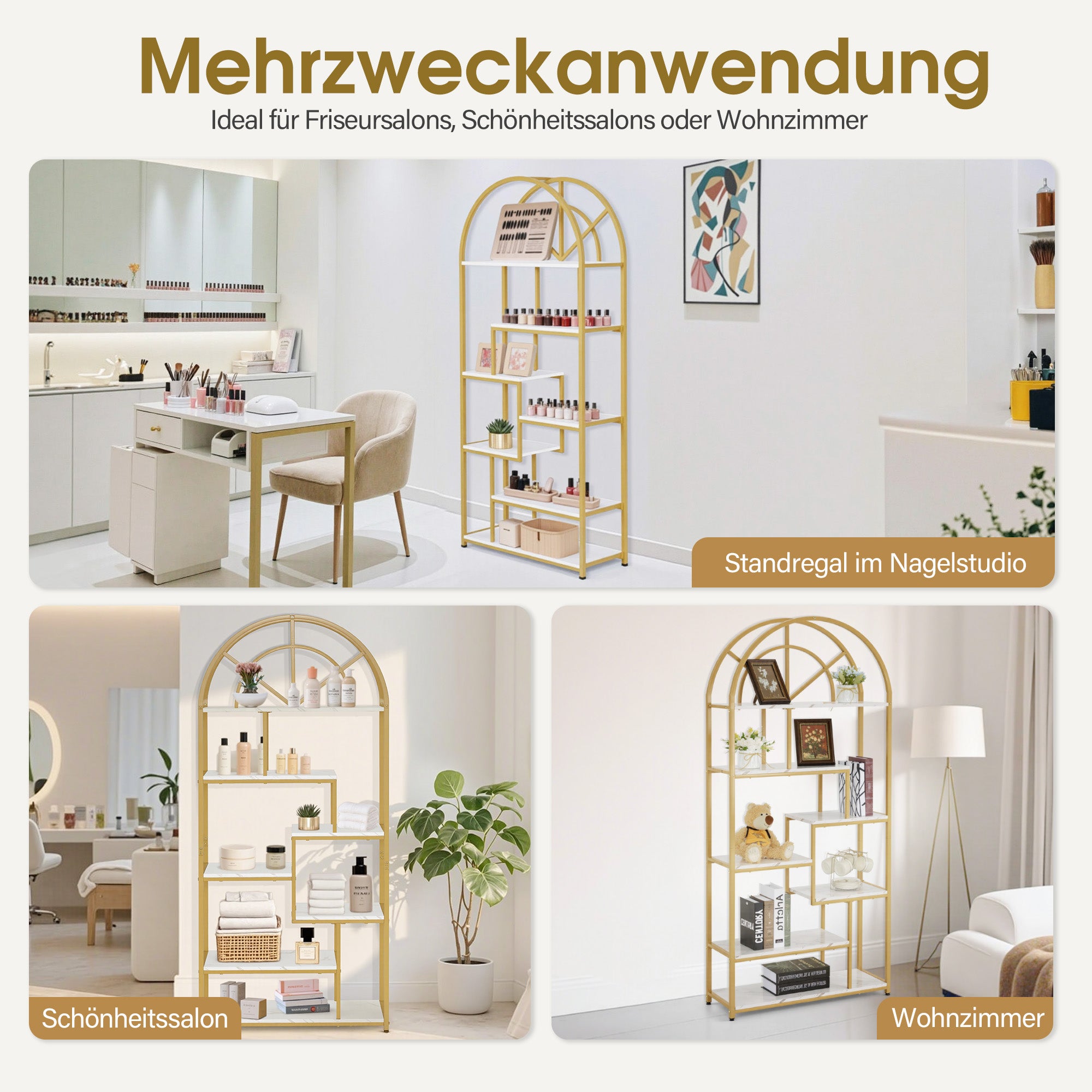 MCombo Libreria, scaffale autoportante a 7 ripiani, scaffalatura per ufficio con struttura in metallo; adatta per ufficio, soggiorno, camera da letto, cucina o centro estetico; bianco effetto marmo e oro; 30 x 80 x 180 cm, 5183