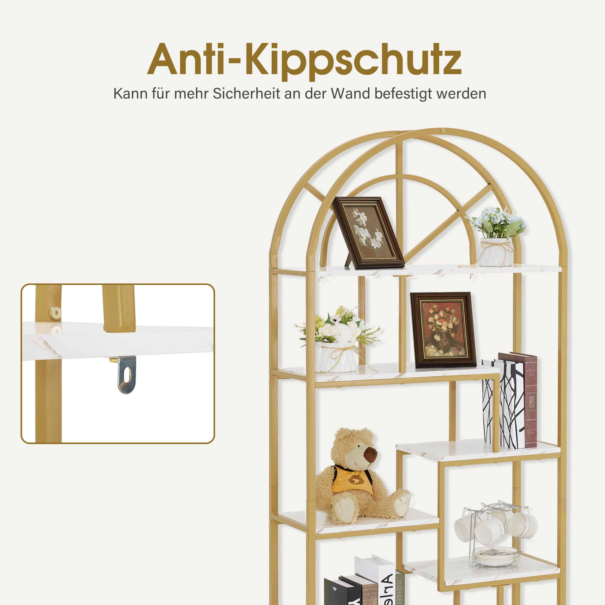 MCombo Libreria, scaffale autoportante a 7 ripiani, scaffalatura per ufficio con struttura in metallo; adatta per ufficio, soggiorno, camera da letto, cucina o centro estetico; bianco effetto marmo e oro; 30 x 80 x 180 cm, 5183