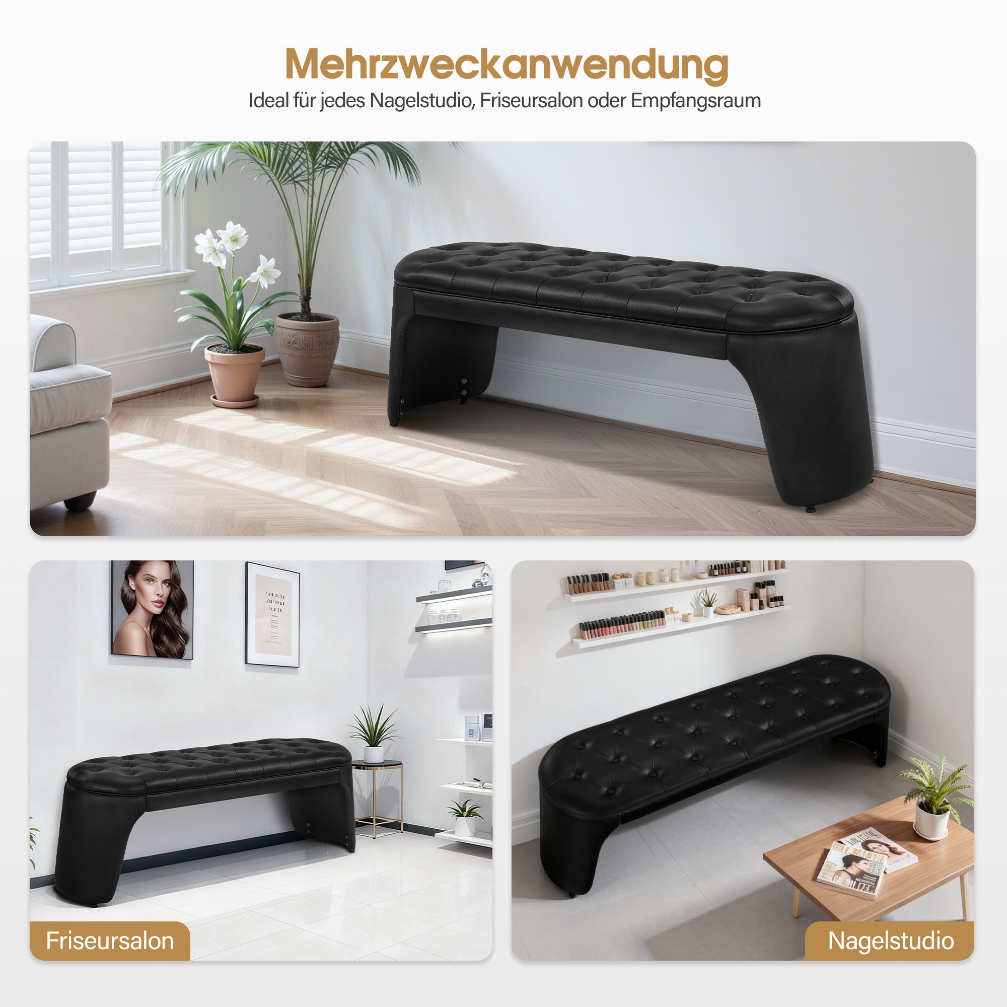 MCombo Panca a 3 posti, larghezza seduta 150 cm; panca moderna da sala d'attesa, panca imbottita per camera da letto, soggiorno o ingresso, modello W510 (Nero/Ecopelle)