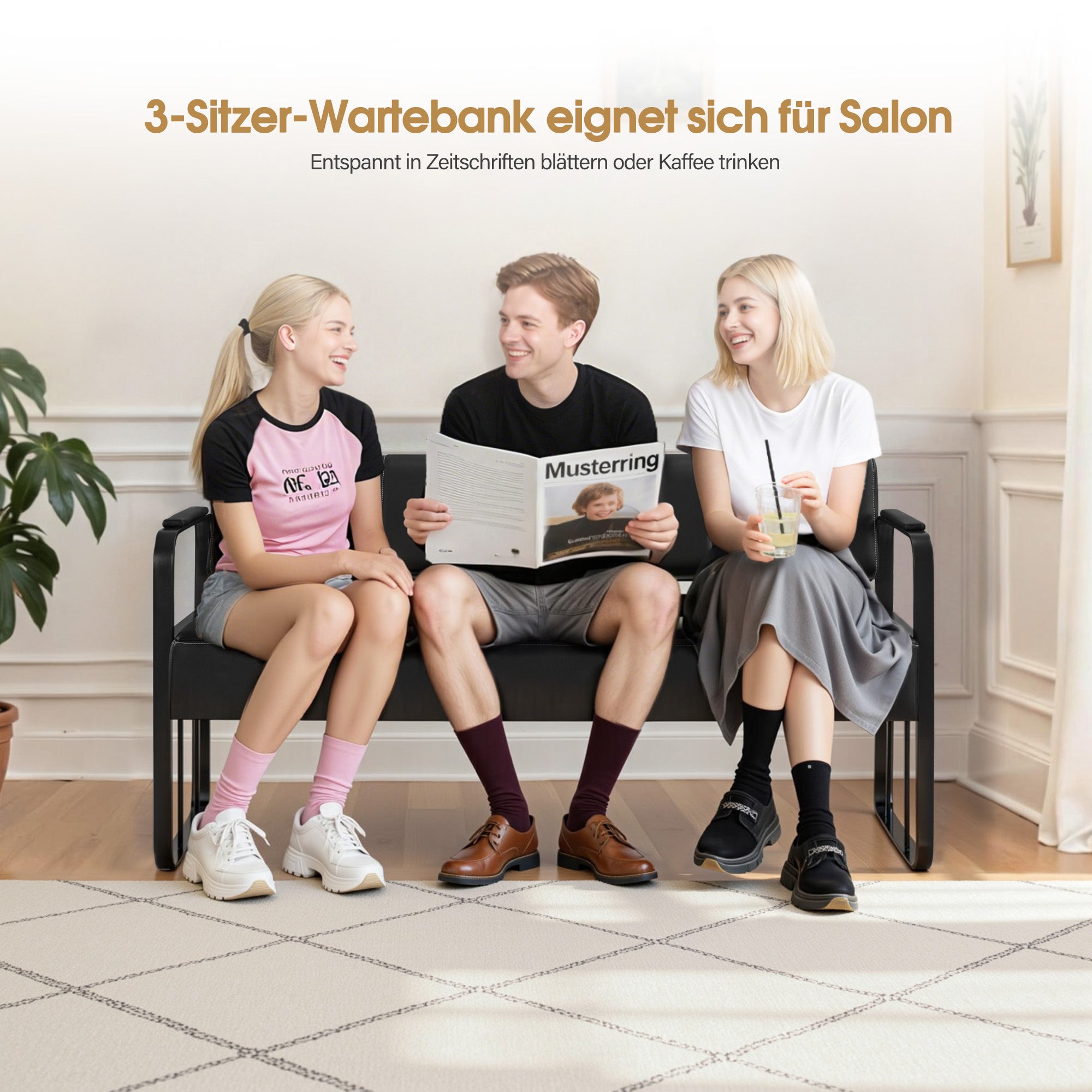 MCombo 3-zitsbank met armleuning, kussenbank met rugleuning, wachtbank, woonkamerbank W528