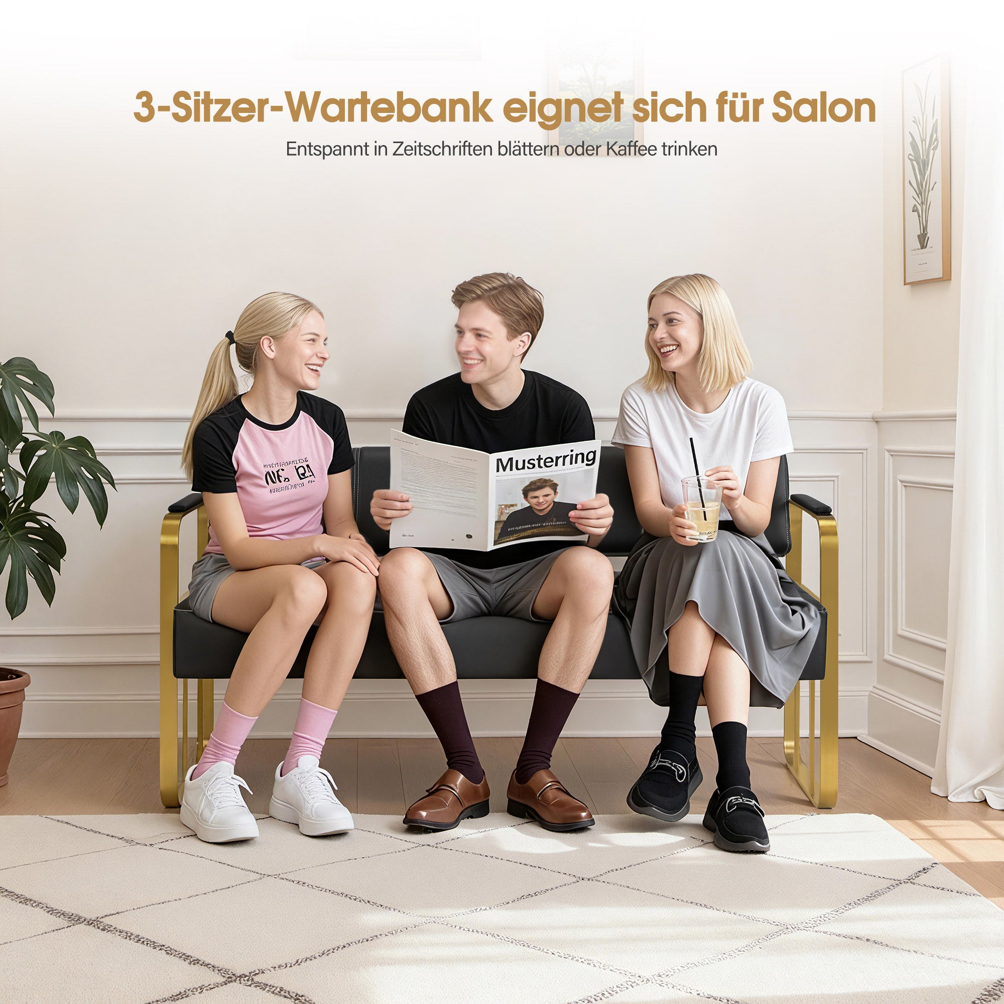 MCombo 3-zitsbank met armleuning, kussenbank met rugleuning, wachtbank, woonkamerbank W528