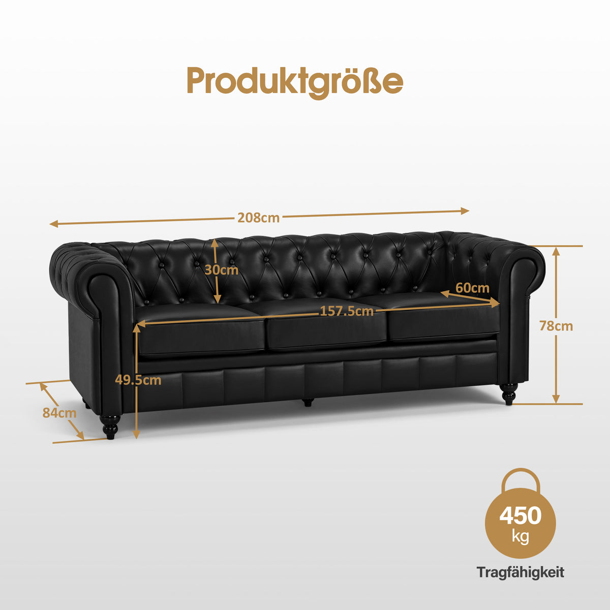 M MCombo Chesterfield Sofa 3-Sitzer, Wartebank Friseur Vintage, Sitzbank mit Rückenlehne & Armlehne Couch 3-er, W536
