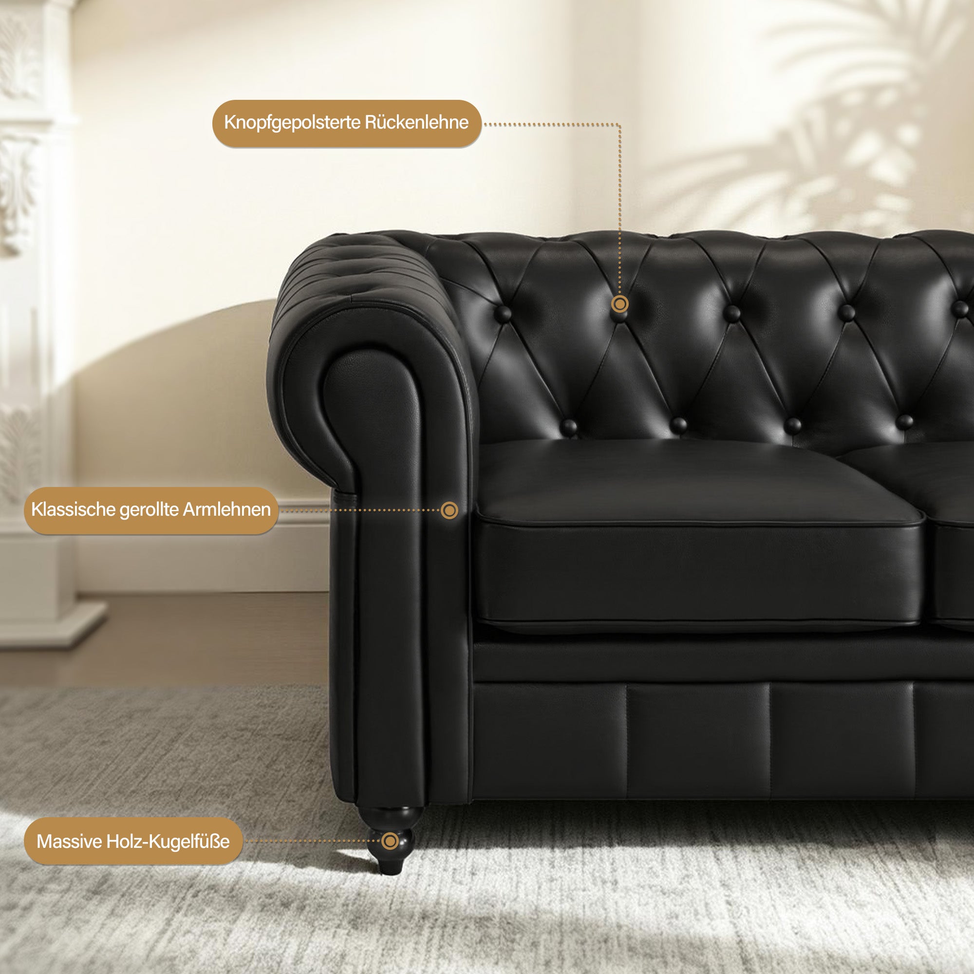 MCombo Divano Chesterfield a 3 posti, panca vintage da sala d'attesa per parrucchieri, panca con schienale e braccioli, divano a 3 posti, W536