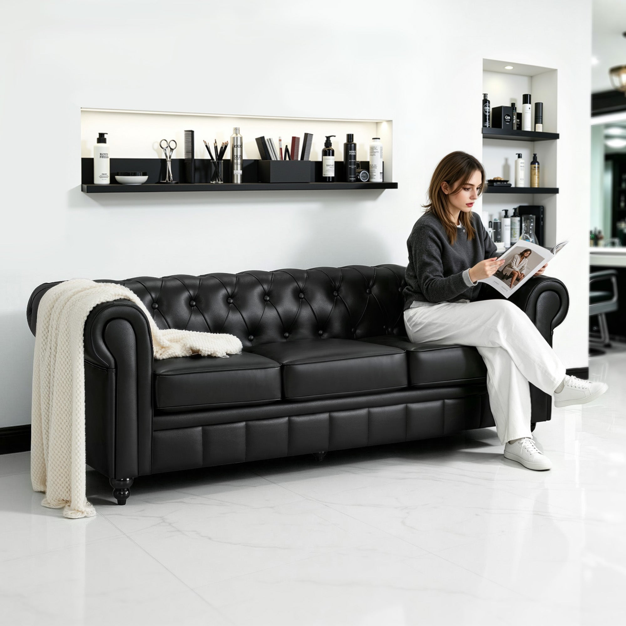 MCombo Divano Chesterfield a 3 posti, panca vintage da sala d'attesa per parrucchieri, panca con schienale e braccioli, divano a 3 posti, W536
