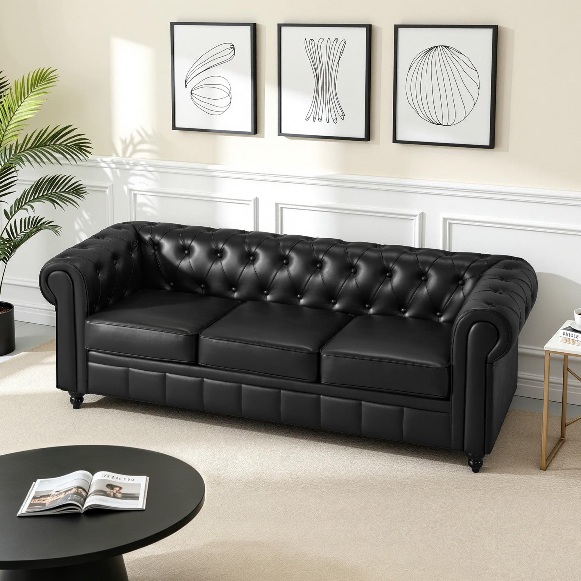MCombo Divano Chesterfield a 3 posti, panca vintage da sala d'attesa per parrucchieri, panca con schienale e braccioli, divano a 3 posti, W536