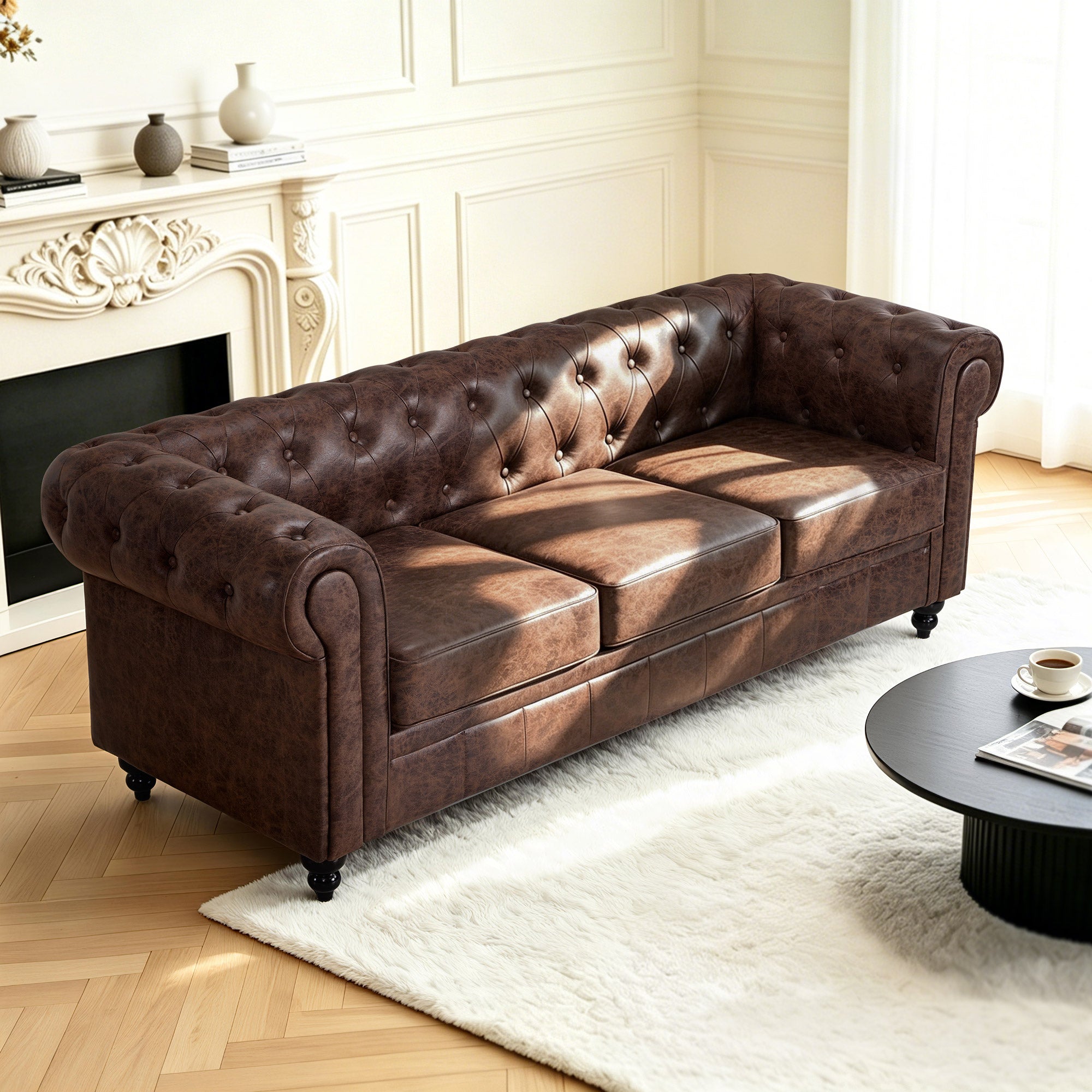 MCombo Divano Chesterfield a 3 posti, panca vintage da sala d'attesa per parrucchieri, panca con schienale e braccioli, divano a 3 posti, W536