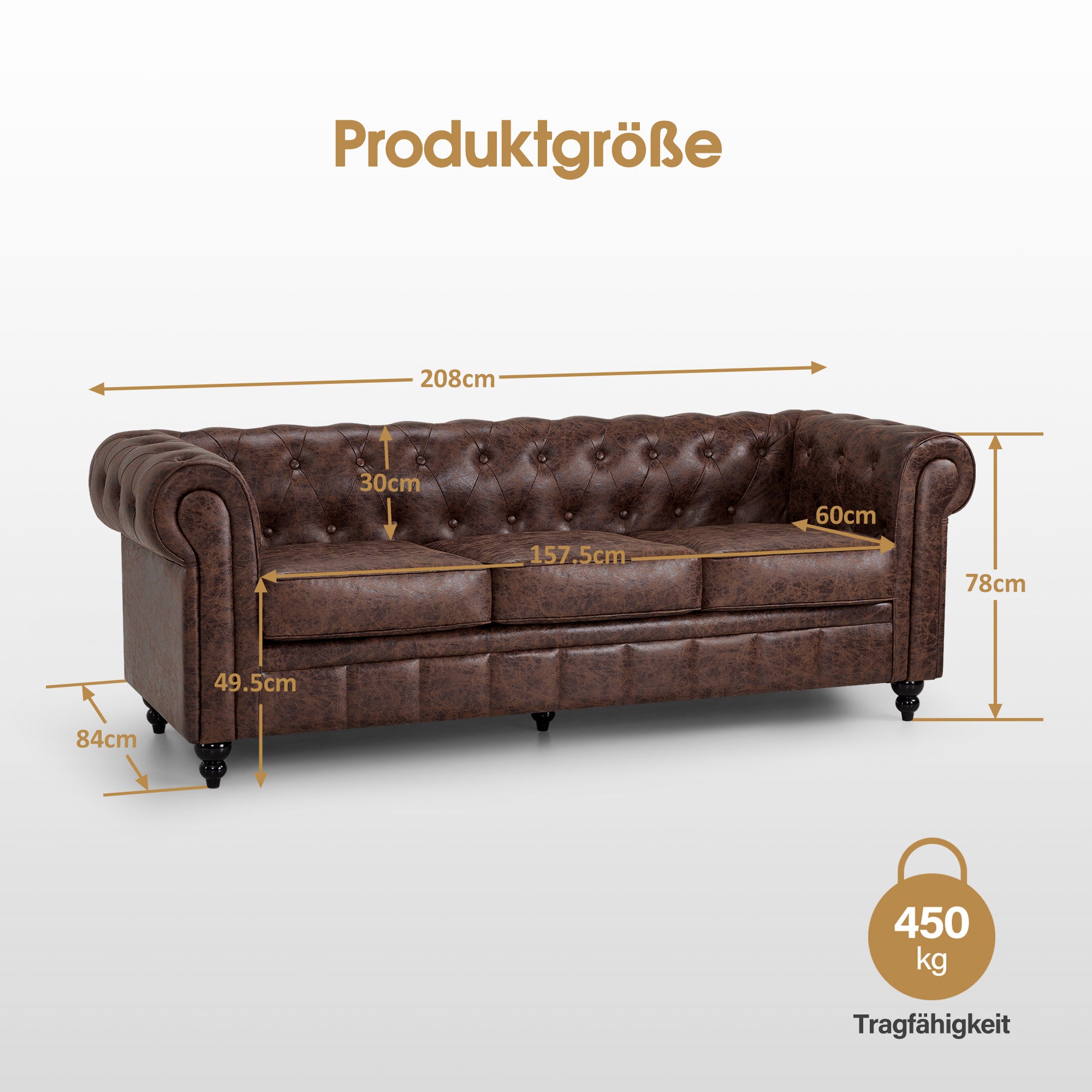 MCombo Divano Chesterfield a 3 posti, panca vintage da sala d'attesa per parrucchieri, panca con schienale e braccioli, divano a 3 posti, W536