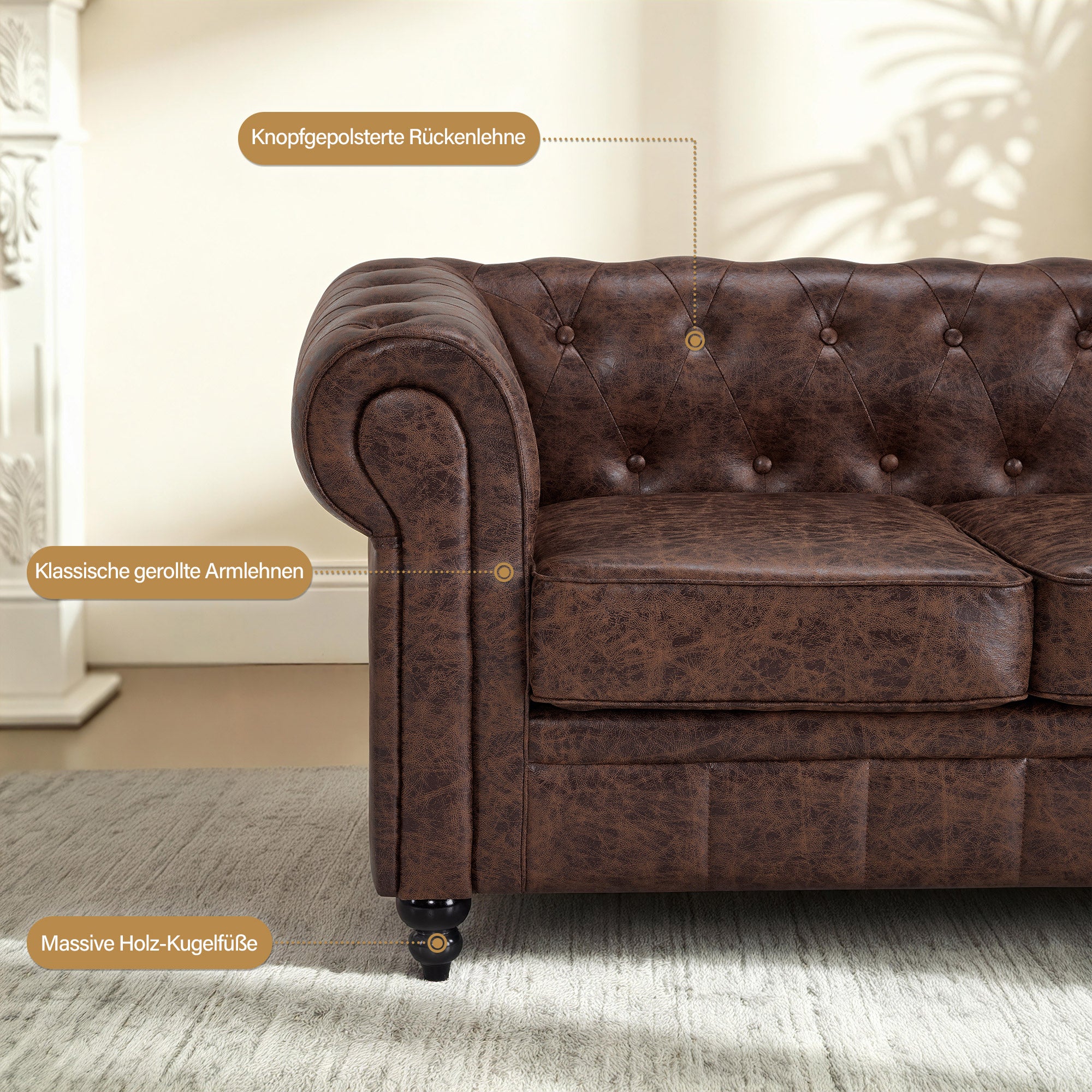 MCombo Divano Chesterfield a 3 posti, panca vintage da sala d'attesa per parrucchieri, panca con schienale e braccioli, divano a 3 posti, W536