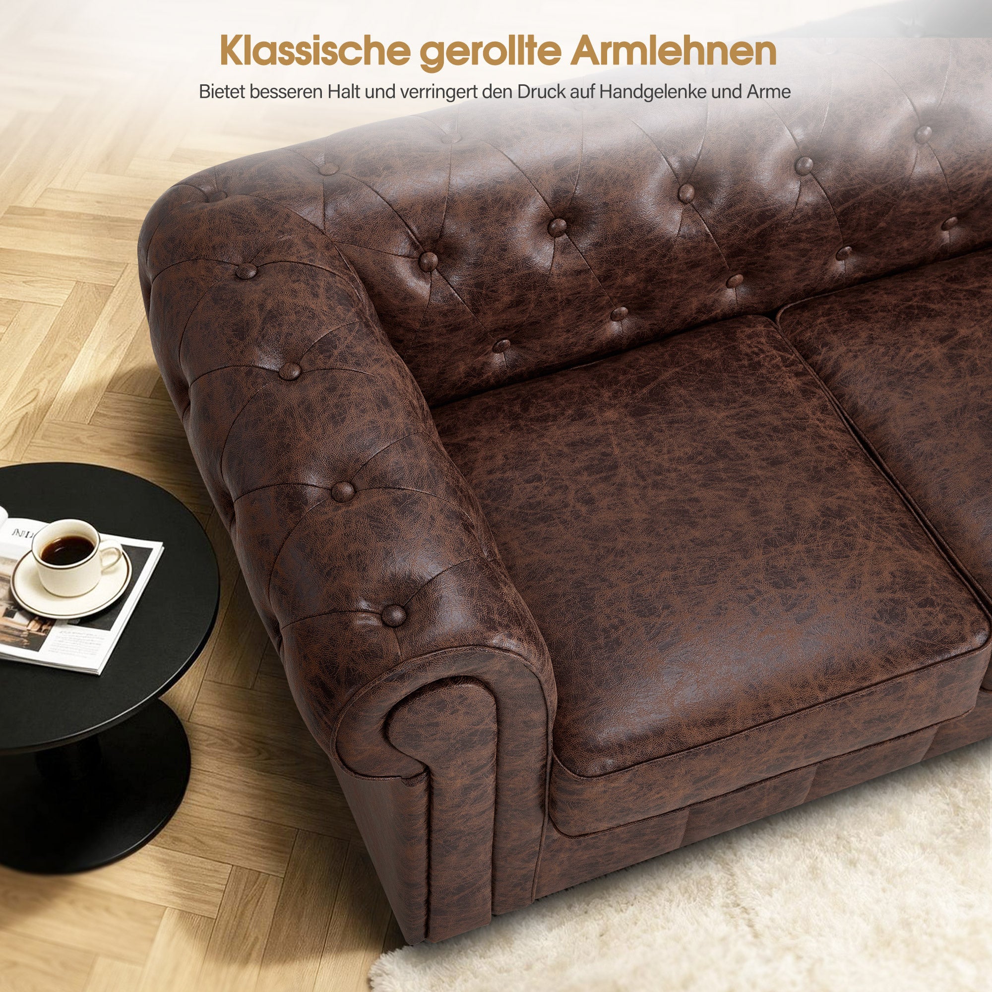 MCombo Divano Chesterfield a 3 posti, panca vintage da sala d'attesa per parrucchieri, panca con schienale e braccioli, divano a 3 posti, W536