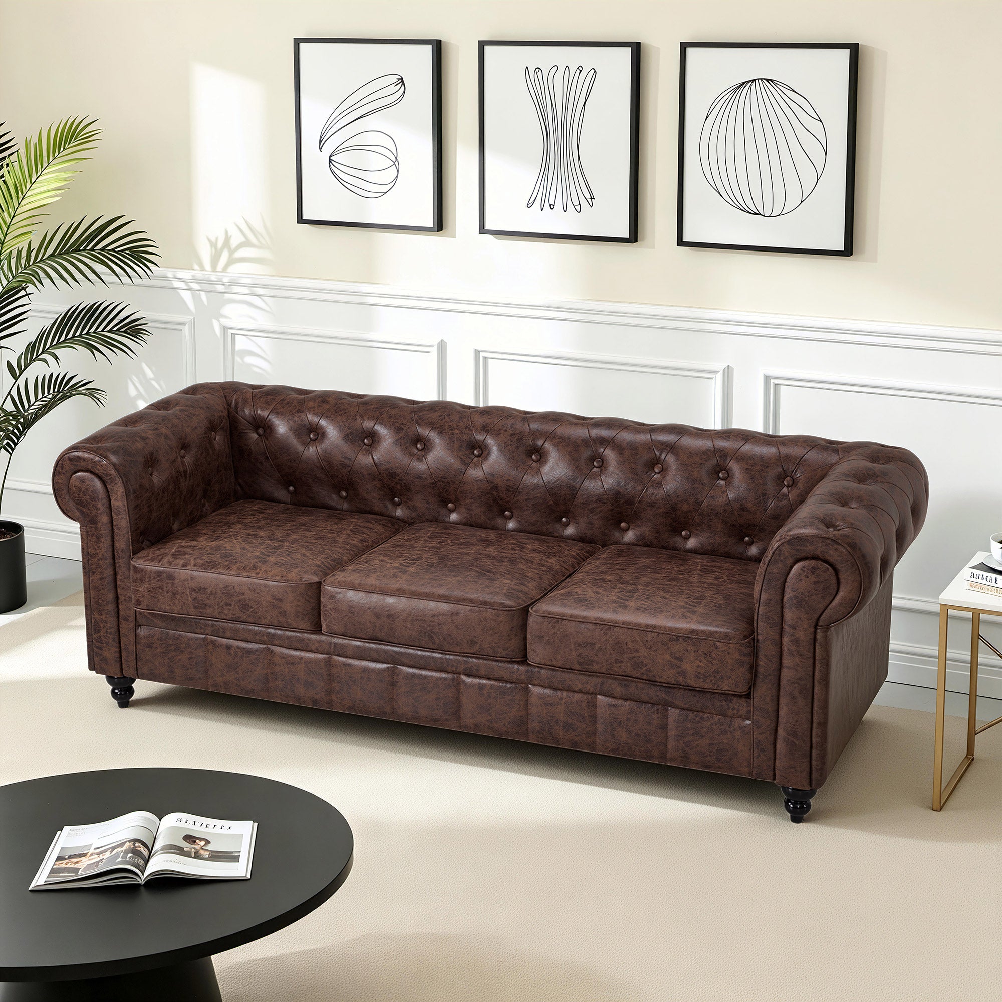 MCombo Divano Chesterfield a 3 posti, panca vintage da sala d'attesa per parrucchieri, panca con schienale e braccioli, divano a 3 posti, W536