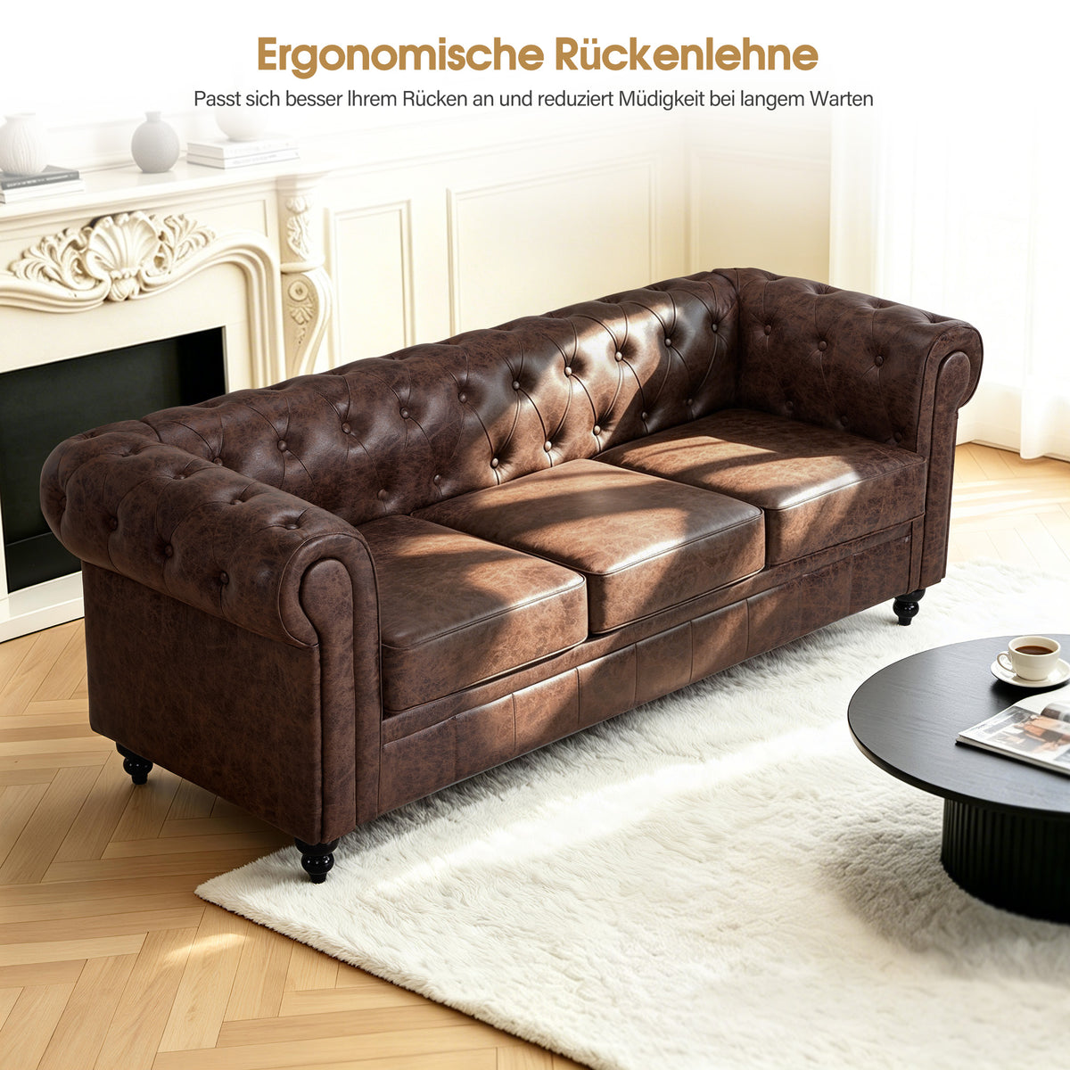 M MCombo Chesterfield Sofa 3-Sitzer, Wartebank Friseur Vintage, Sitzbank mit Rückenlehne & Armlehne Couch 3-er, W536