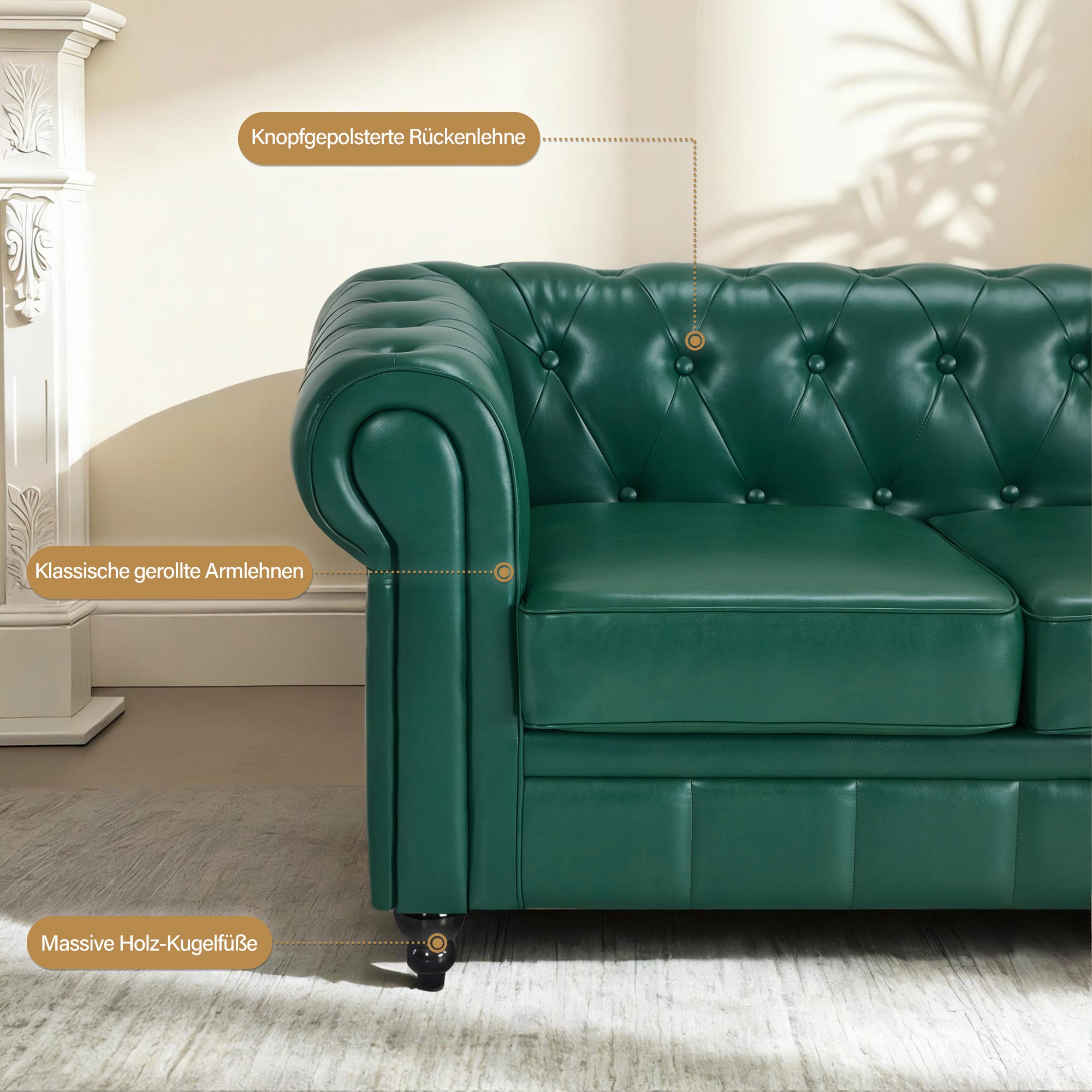 MCombo Divano Chesterfield a 3 posti, panca vintage da sala d'attesa per parrucchieri, panca con schienale e braccioli, divano a 3 posti, W536