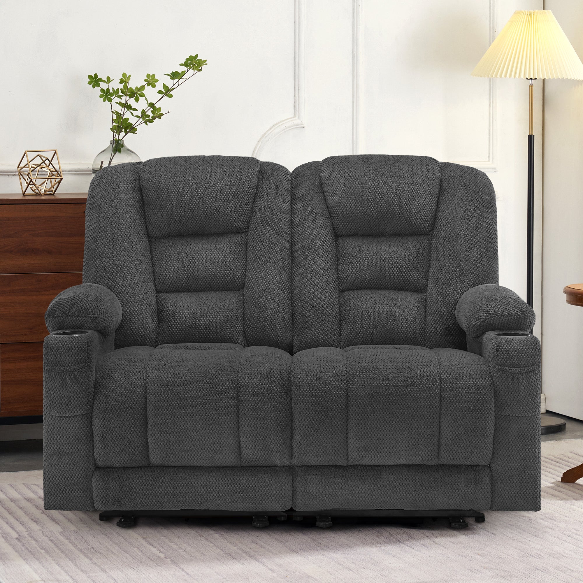 MCombo Divano elettrico con funzione letto, divano reclinabile a 2 o 3 posti (inclinazione fino a 150° regolabile tramite pulsante), divano stile cinema con funzione relax, USB e portabicchieri, modello 7009 (grigio)