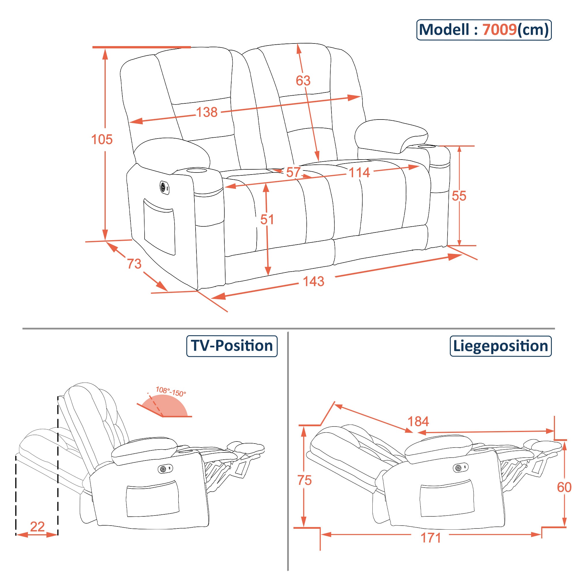 MCombo Divano elettrico con funzione letto, divano reclinabile a 2 o 3 posti (inclinazione fino a 150° regolabile tramite pulsante), divano stile cinema con funzione relax, USB e portabicchieri, modello 7009 (grigio)