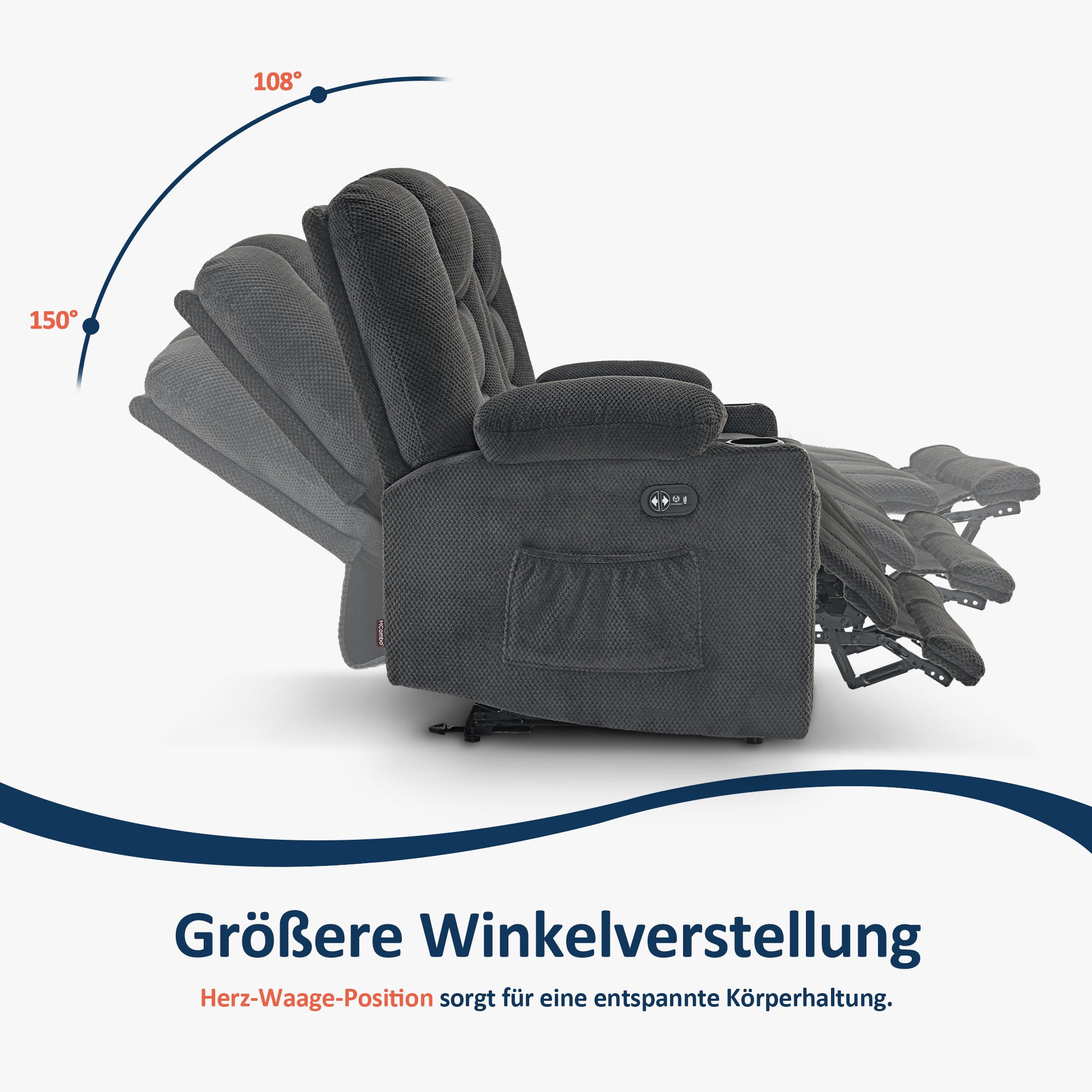 MCombo Divano elettrico con funzione letto, divano reclinabile a 2 o 3 posti (inclinazione fino a 150° regolabile tramite pulsante), divano stile cinema con funzione relax, USB e portabicchieri, modello 7009 (grigio)