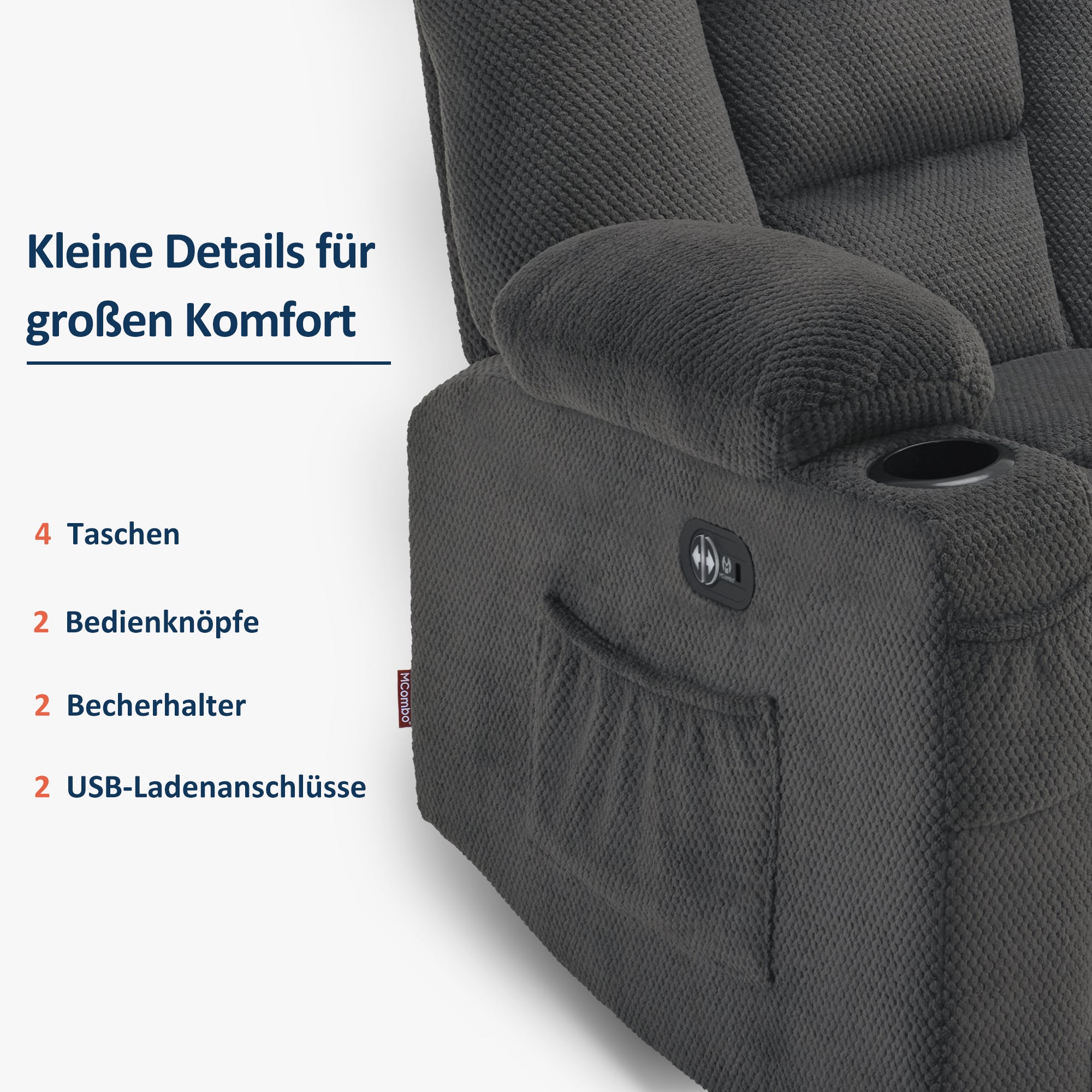 MCombo Divano elettrico con funzione letto, divano reclinabile a 2 o 3 posti (inclinazione fino a 150° regolabile tramite pulsante), divano stile cinema con funzione relax, USB e portabicchieri, modello 7009 (grigio)