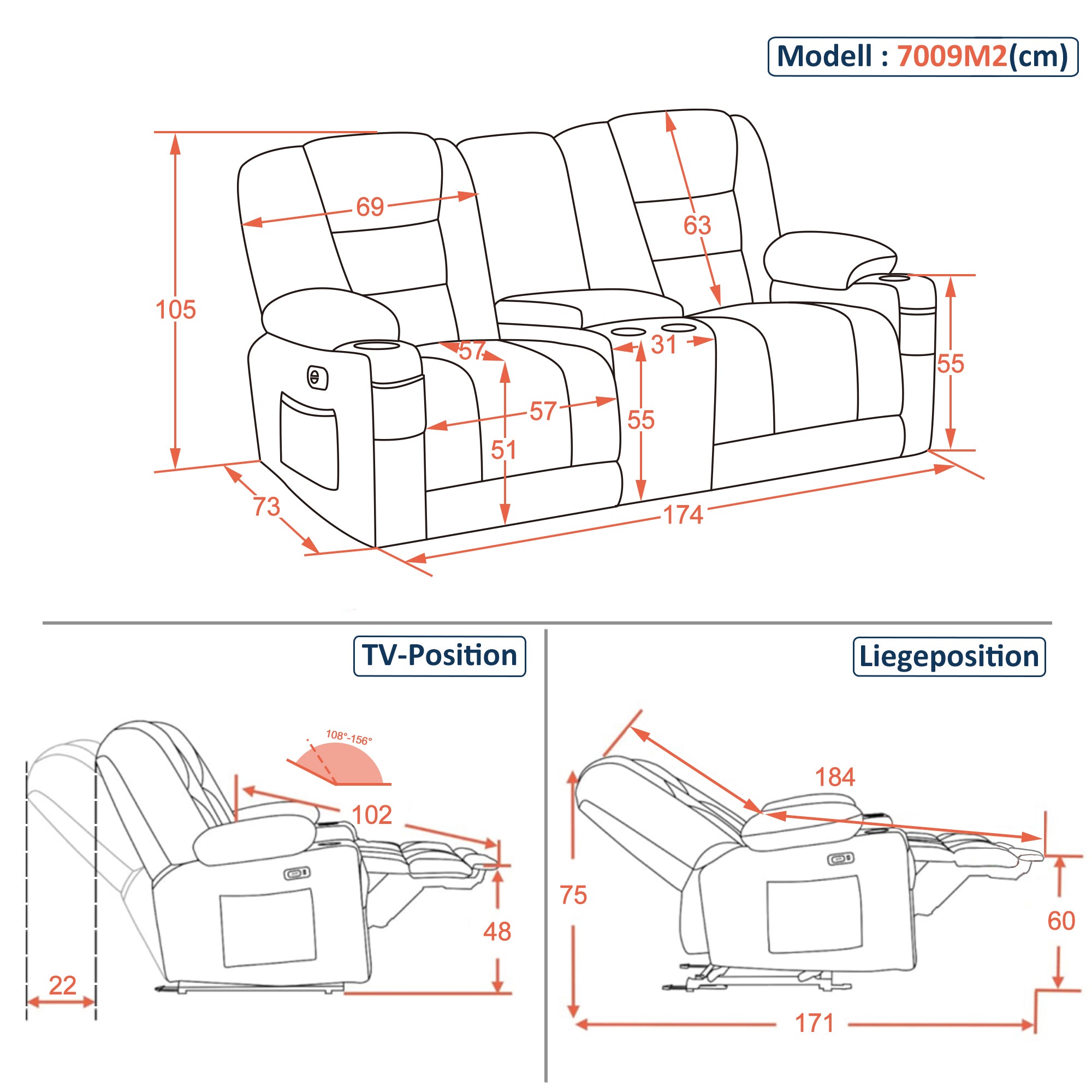 MCombo Divano elettrico con funzione letto, divano reclinabile a 2 o 3 posti (inclinazione fino a 150° regolabile tramite pulsante), divano stile cinema con funzione relax, USB e portabicchieri, modello 7009 (grigio)