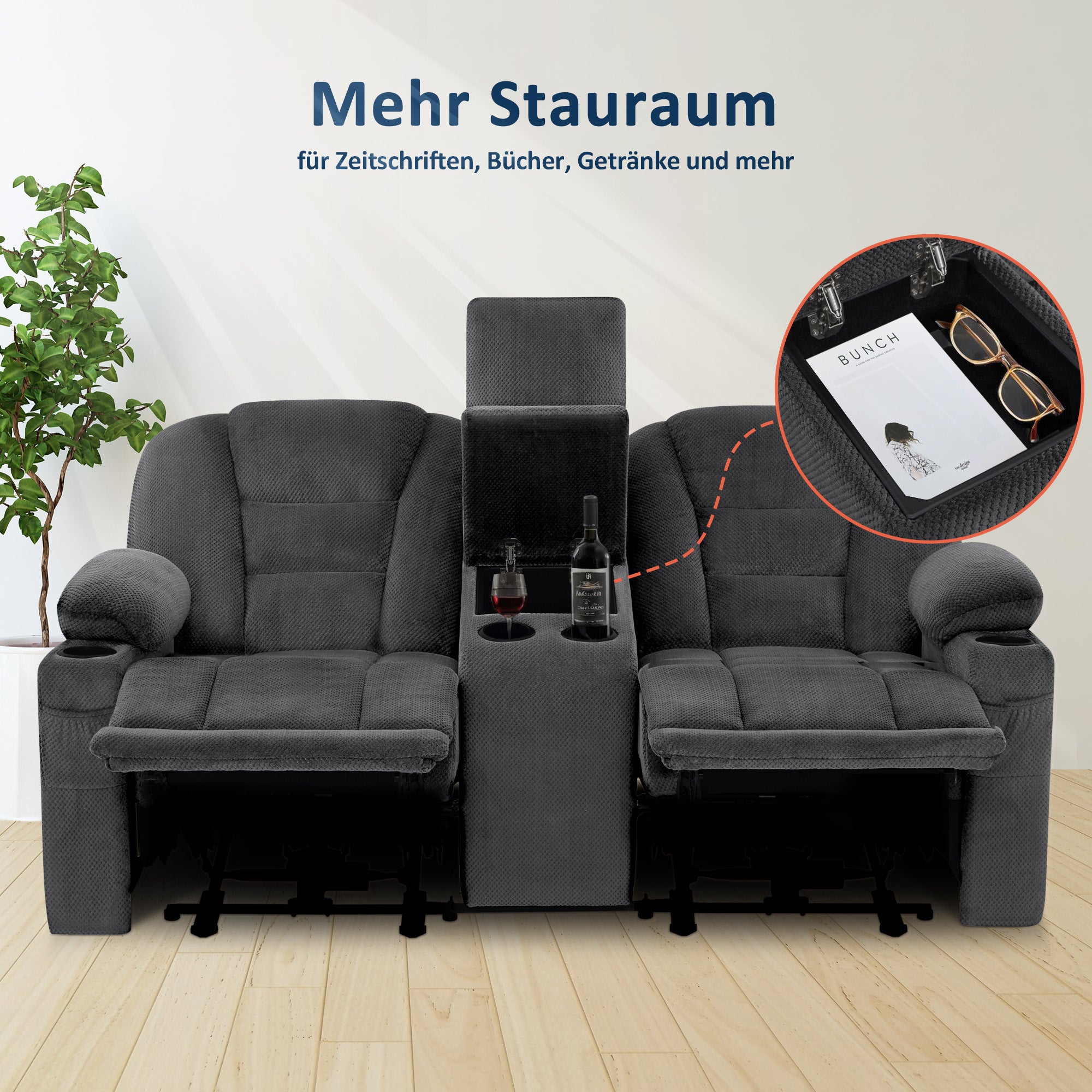 MCombo Divano elettrico con funzione letto, divano reclinabile a 2 o 3 posti (inclinazione fino a 150° regolabile tramite pulsante), divano stile cinema con funzione relax, USB e portabicchieri, modello 7009 (grigio)