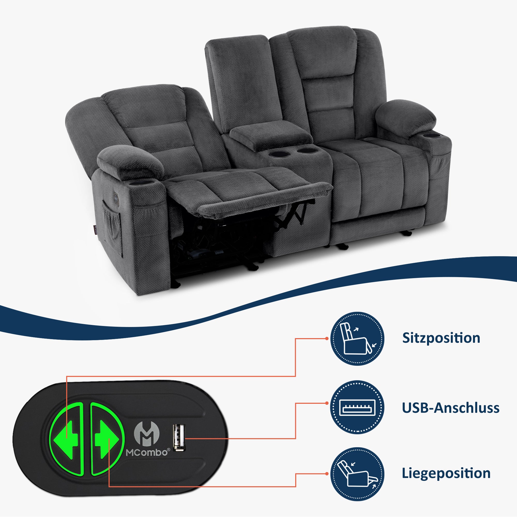 MCombo Divano elettrico con funzione letto, divano reclinabile a 2 o 3 posti (inclinazione fino a 150° regolabile tramite pulsante), divano stile cinema con funzione relax, USB e portabicchieri, modello 7009 (grigio)