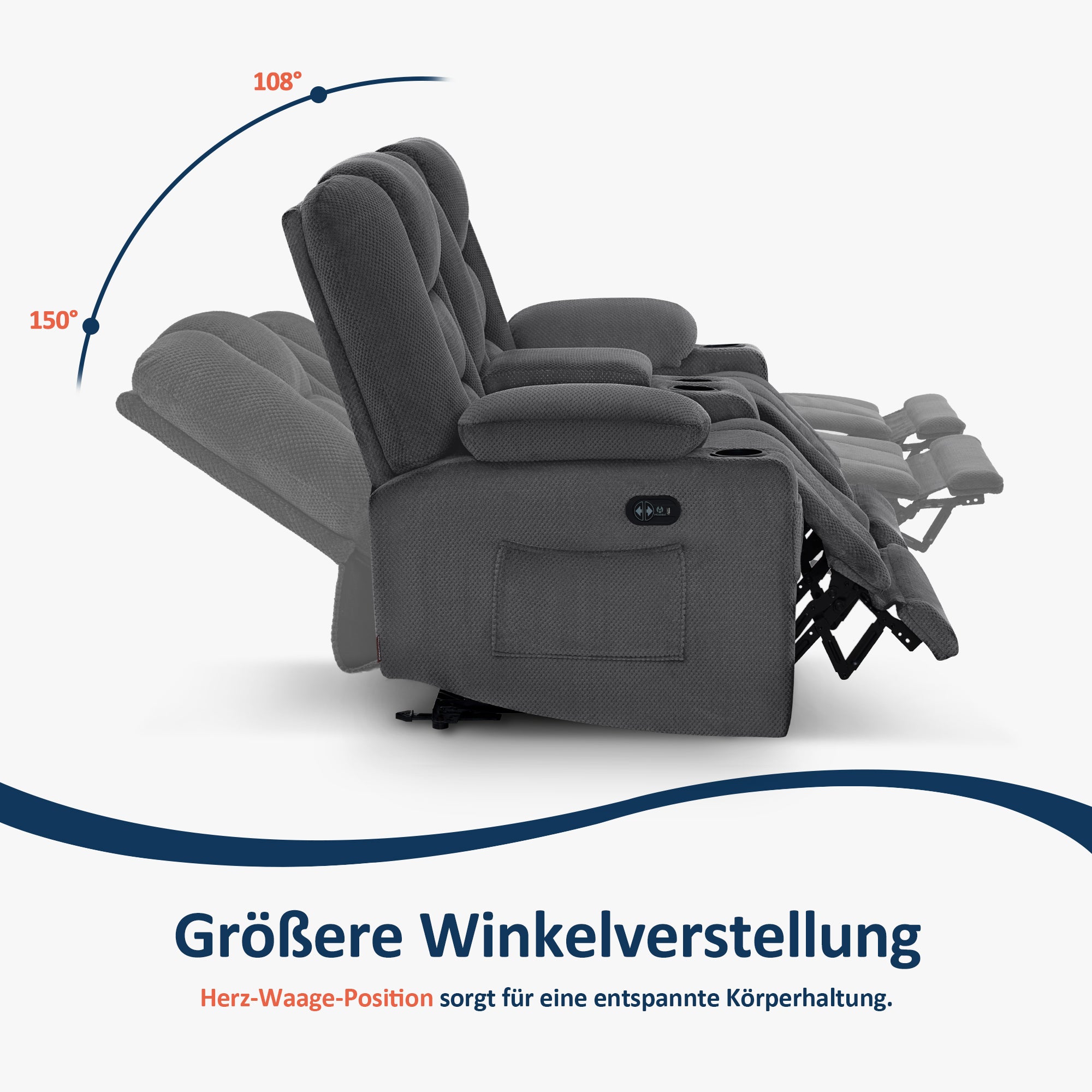 MCombo Divano elettrico con funzione letto, divano reclinabile a 2 o 3 posti (inclinazione fino a 150° regolabile tramite pulsante), divano stile cinema con funzione relax, USB e portabicchieri, modello 7009 (grigio)