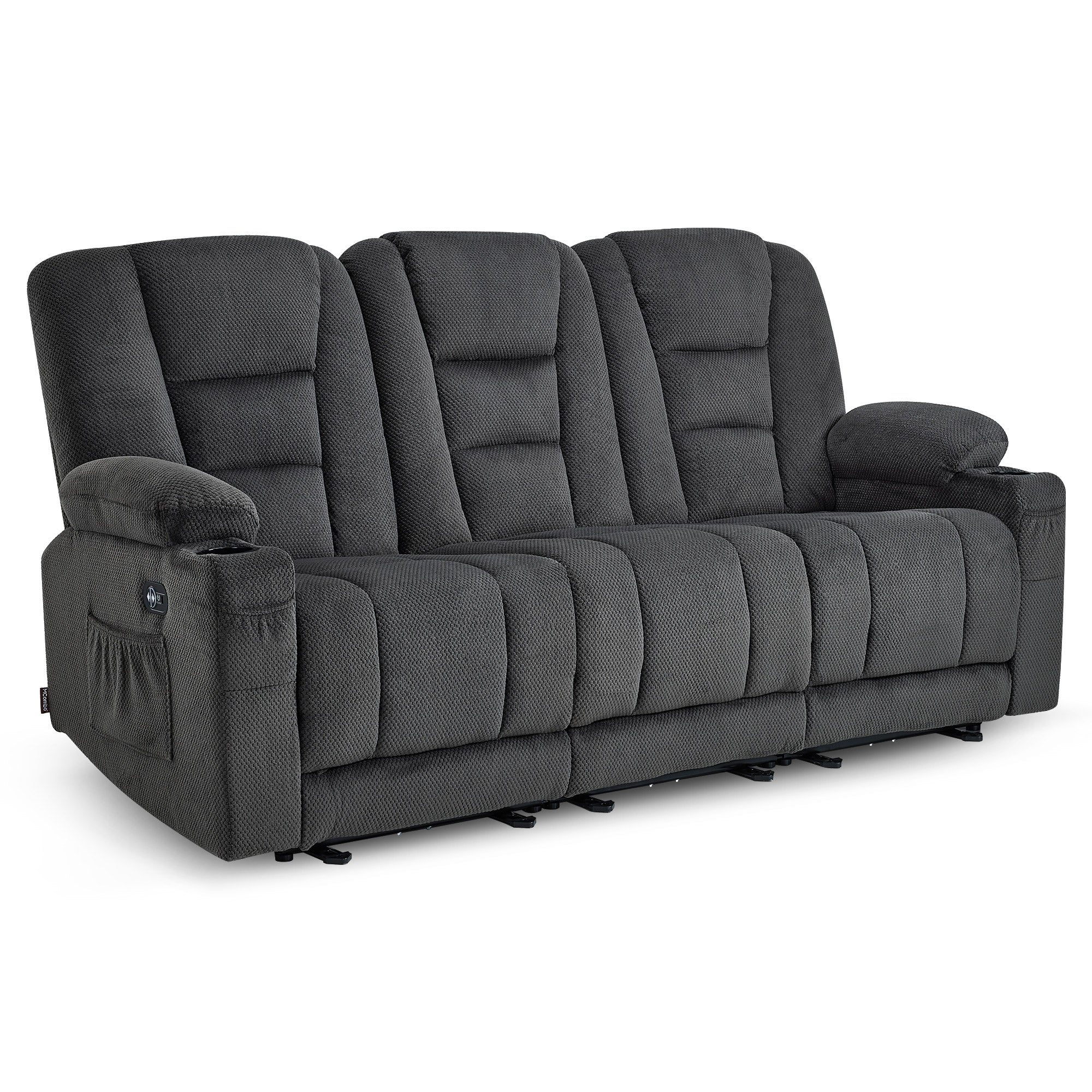 MCombo Divano elettrico con funzione letto, divano reclinabile a 2 o 3 posti (inclinazione fino a 150° regolabile tramite pulsante), divano stile cinema con funzione relax, USB e portabicchieri, modello 7009 (grigio)